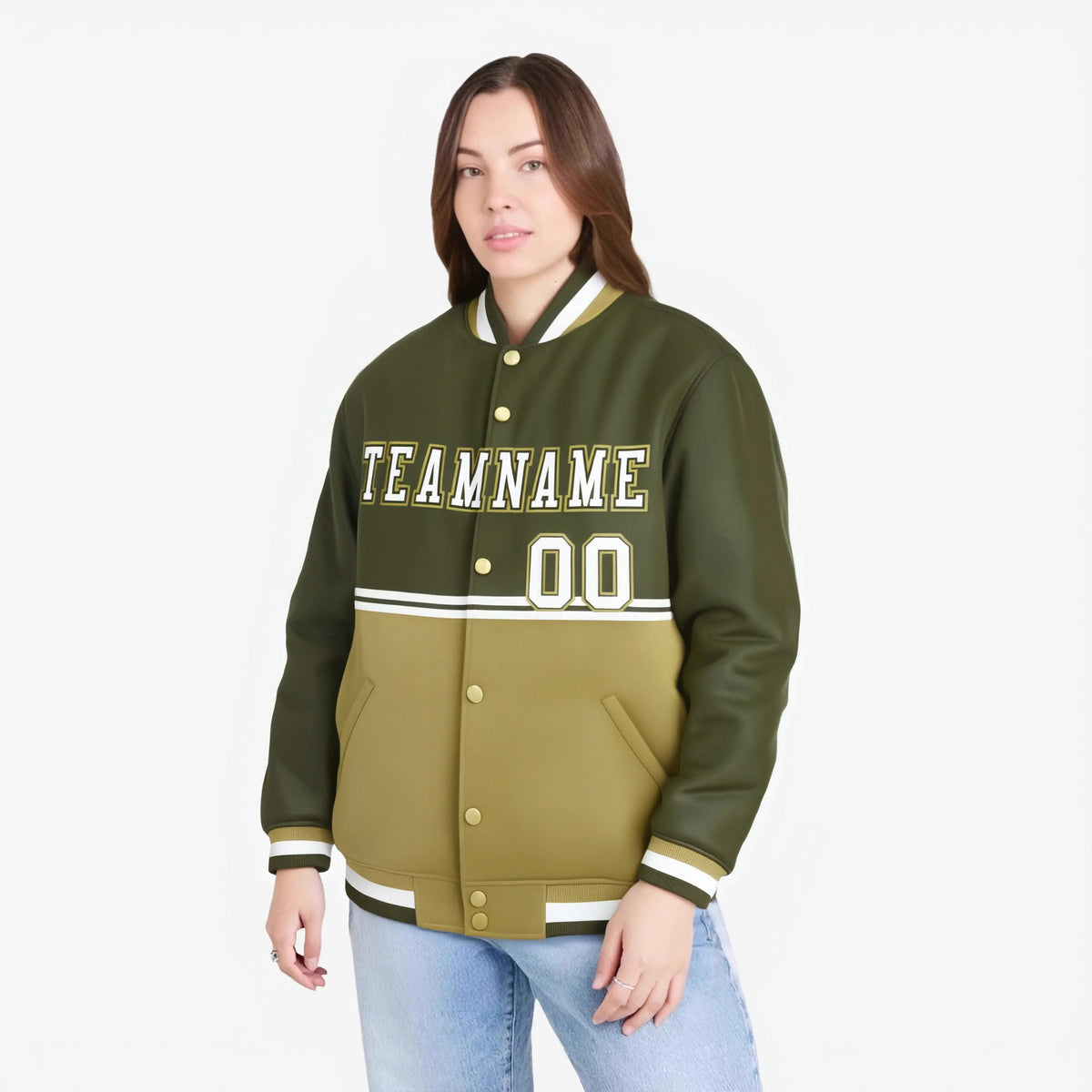 Custom Olive-Old Gold-Olive Varsity Full-Snap Letterman Color-Matching Split Fashion Jacket