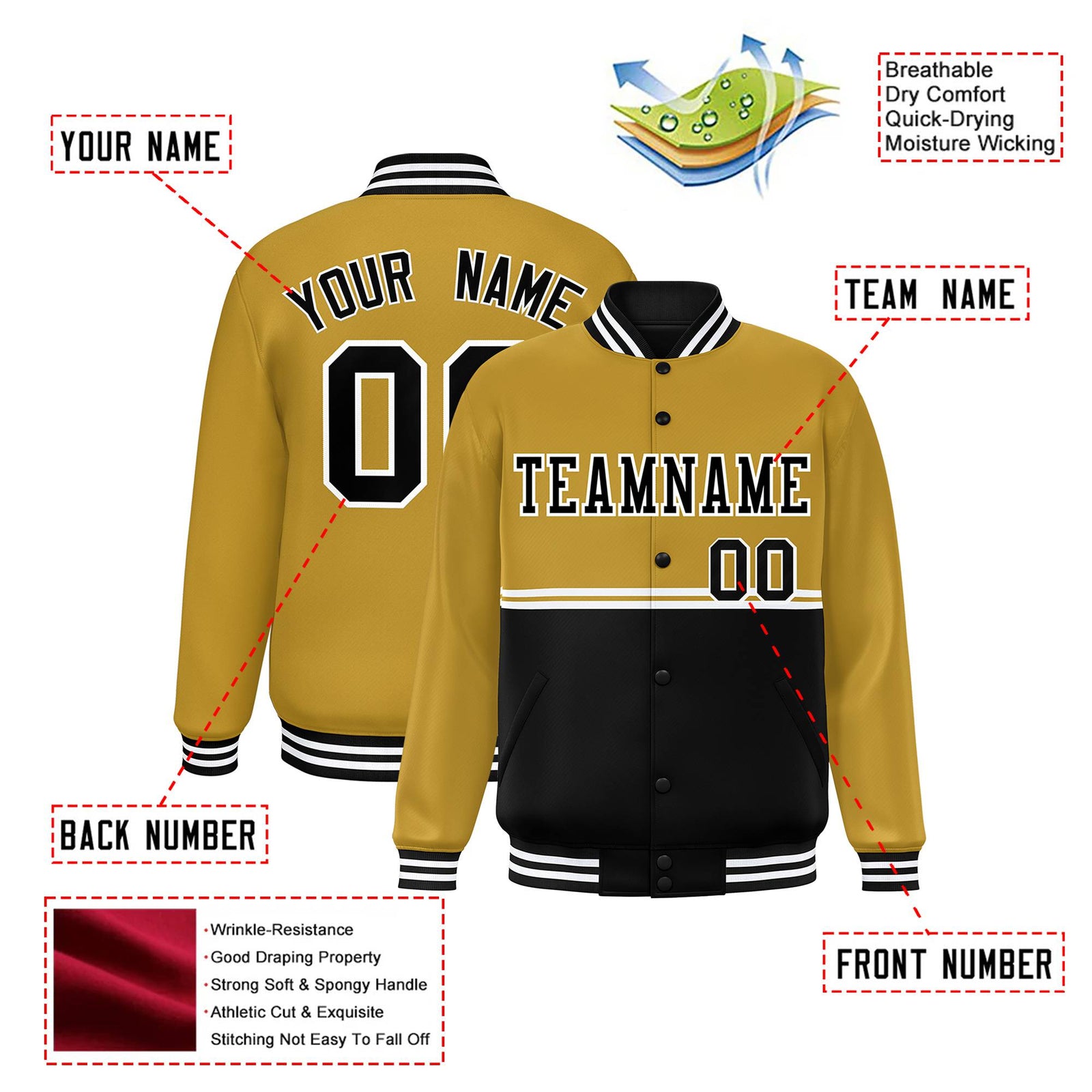 Custom Old Gold-Black-Old Gold Varsity Full-Snap Letterman Color-Matching Split Fashion Jacket