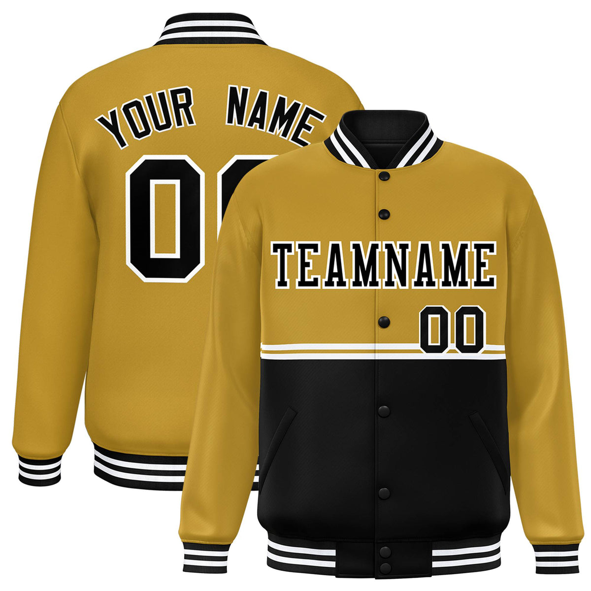 Custom Old Gold-Black-Old Gold Varsity Full-Snap Letterman Color-Matching Split Fashion Jacket