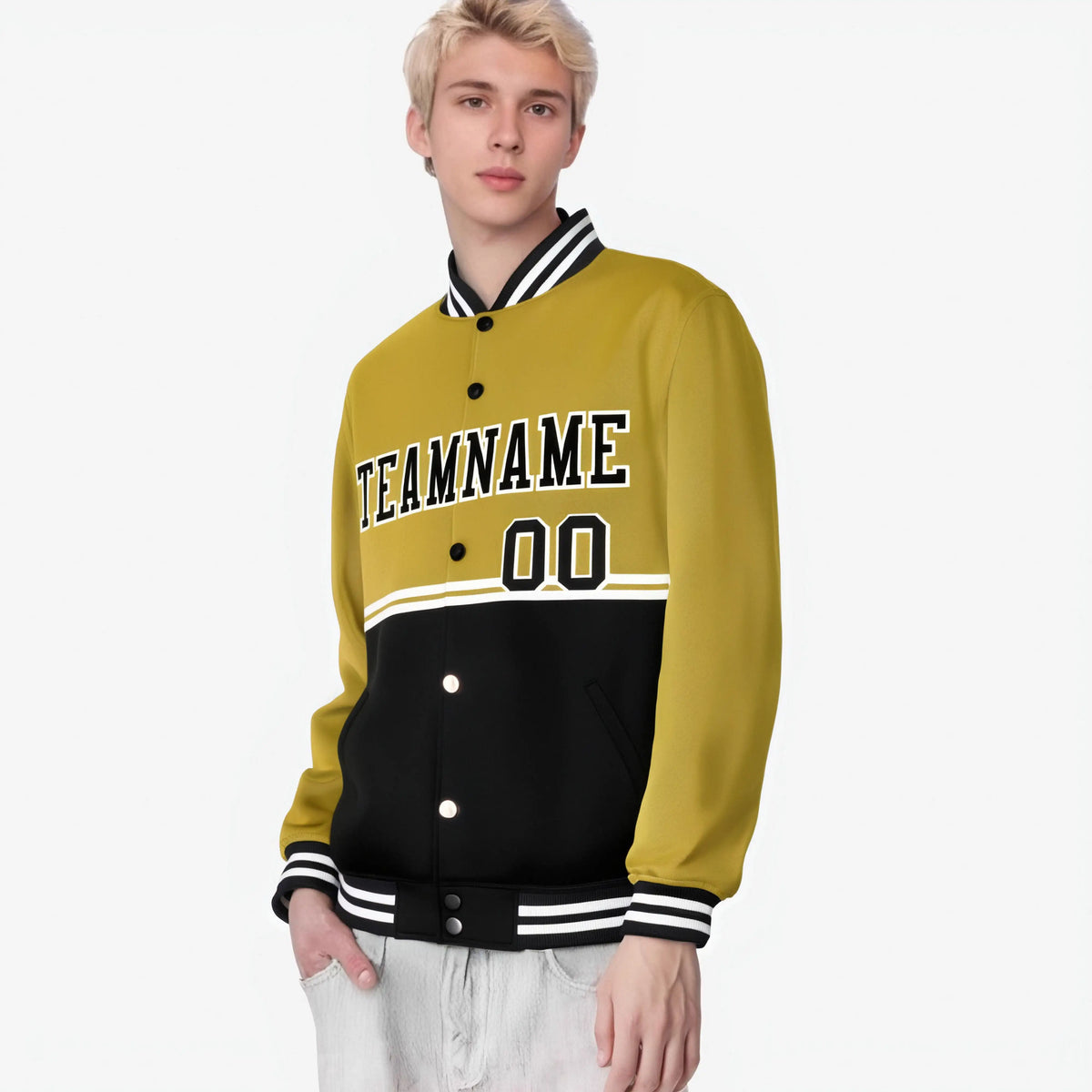 Custom Old Gold-Black-Old Gold Varsity Full-Snap Letterman Color-Matching Split Fashion Jacket