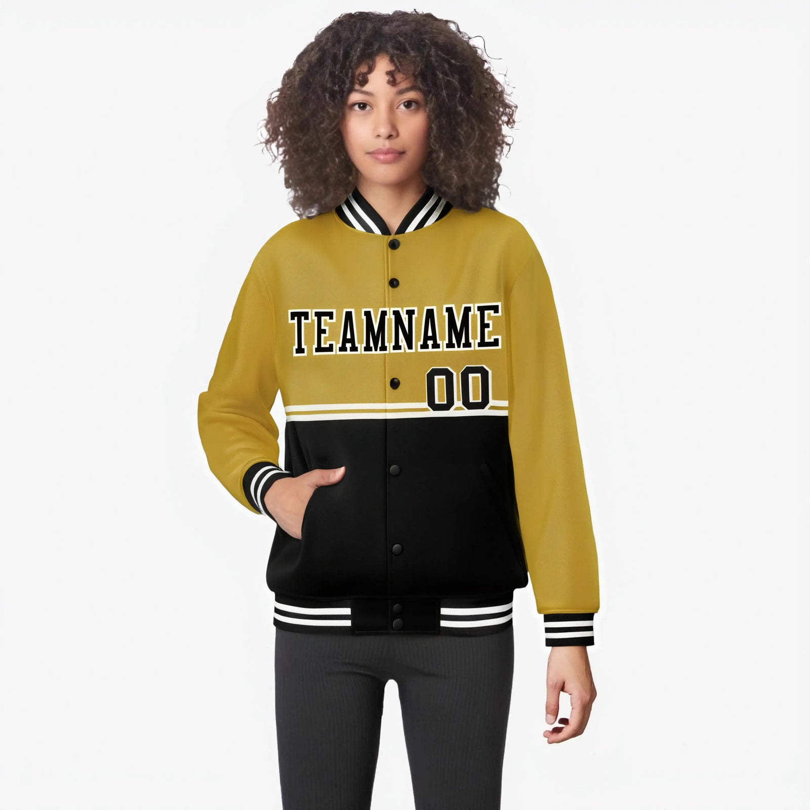 Custom Old Gold-Black-Old Gold Varsity Full-Snap Letterman Color-Matching Split Fashion Jacket