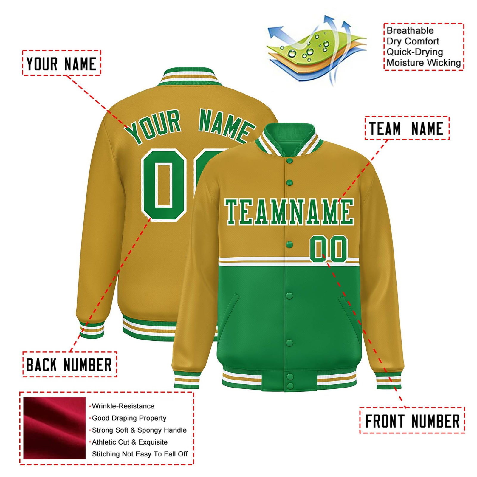 Custom Old Gold-Kelly Green-Old Gold Varsity Full-Snap Letterman Color-Matching Split Fashion Jacket