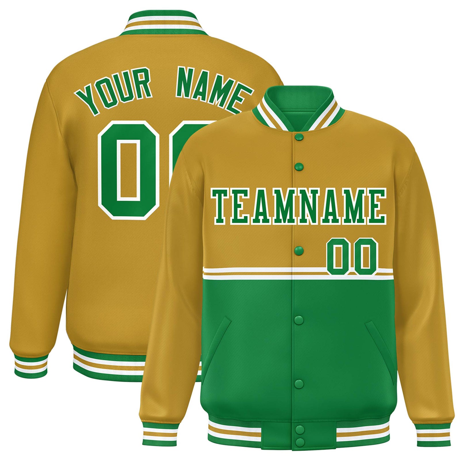 Custom Old Gold-Kelly Green-Old Gold Varsity Full-Snap Letterman Color-Matching Split Fashion Jacket