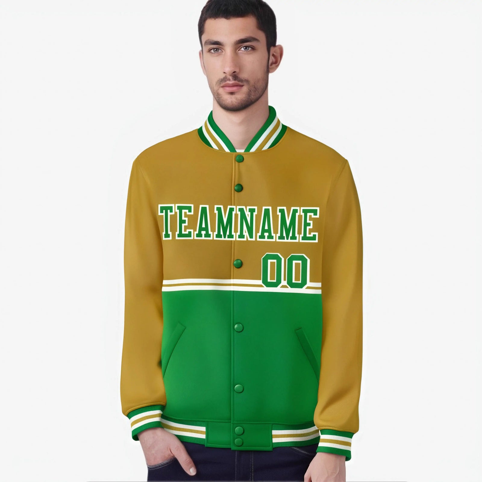 Custom Old Gold-Kelly Green-Old Gold Varsity Full-Snap Letterman Color-Matching Split Fashion Jacket