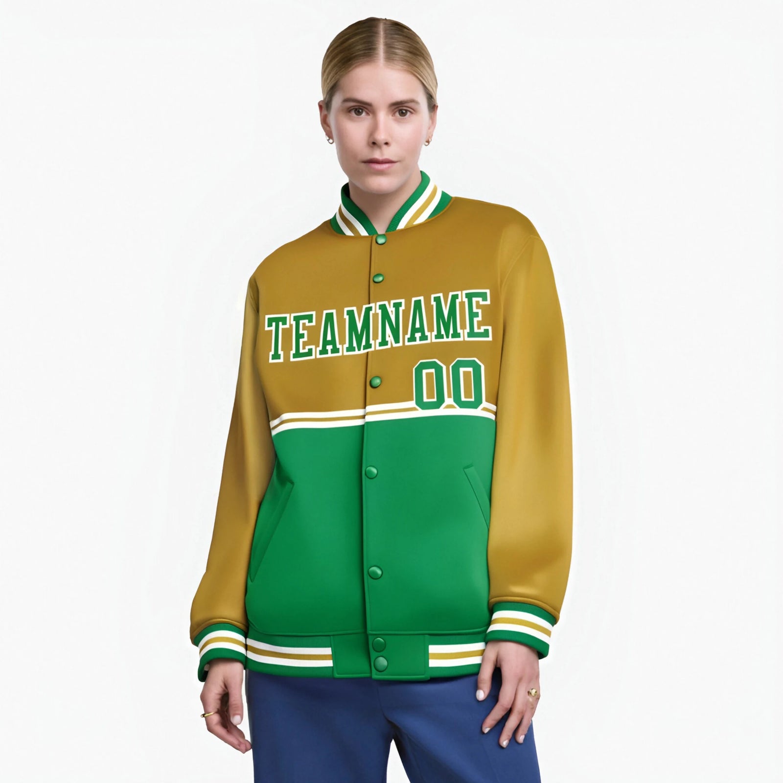 Custom Old Gold-Kelly Green-Old Gold Varsity Full-Snap Letterman Color-Matching Split Fashion Jacket