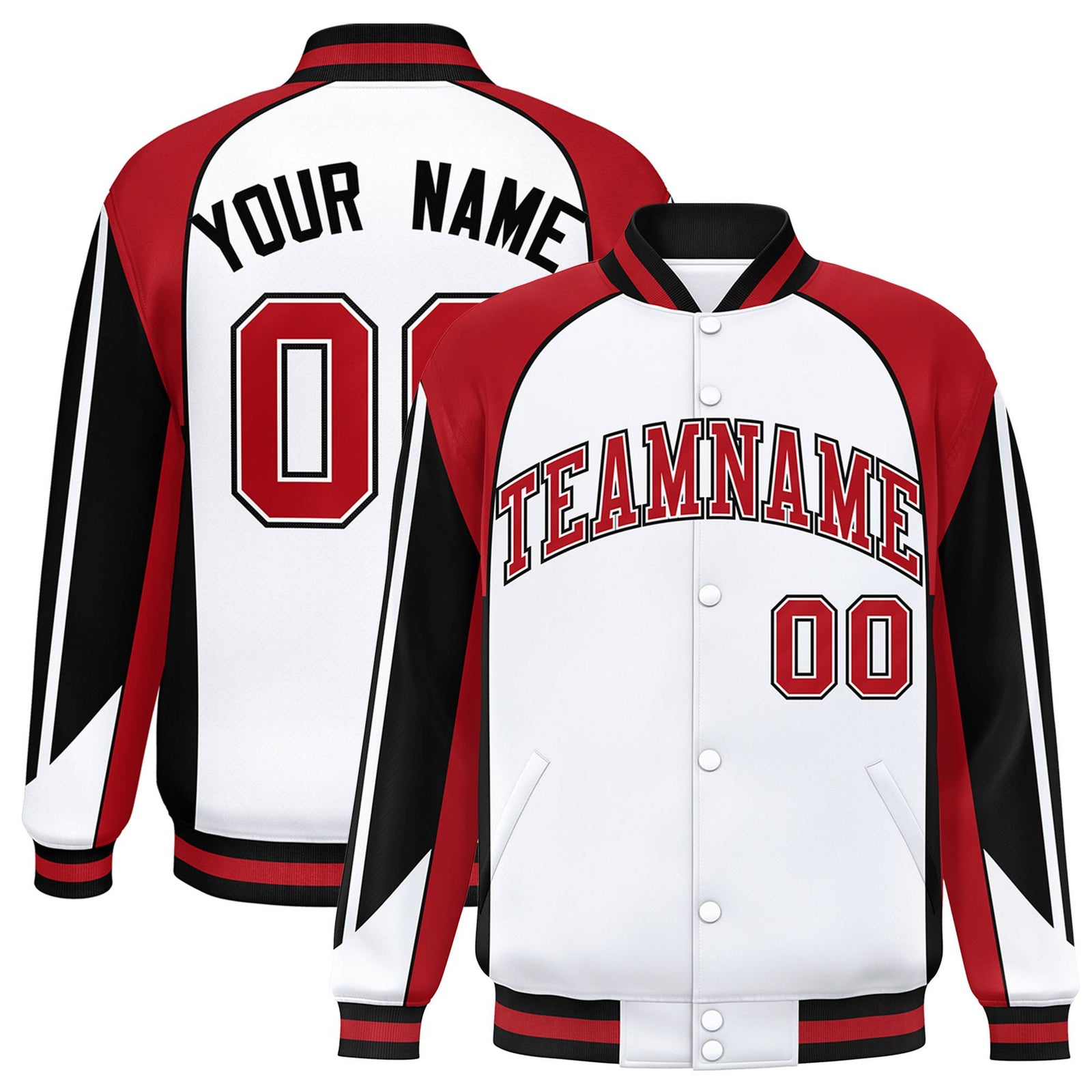 Custom White Red-Black Raglan Sleeves Varsity Letterman Two Tone Jacket