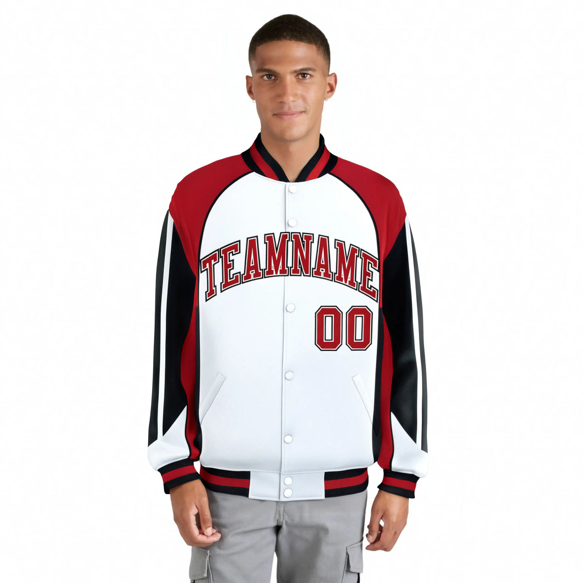 Custom White Red-Black Raglan Sleeves Varsity Letterman Two Tone Jacket