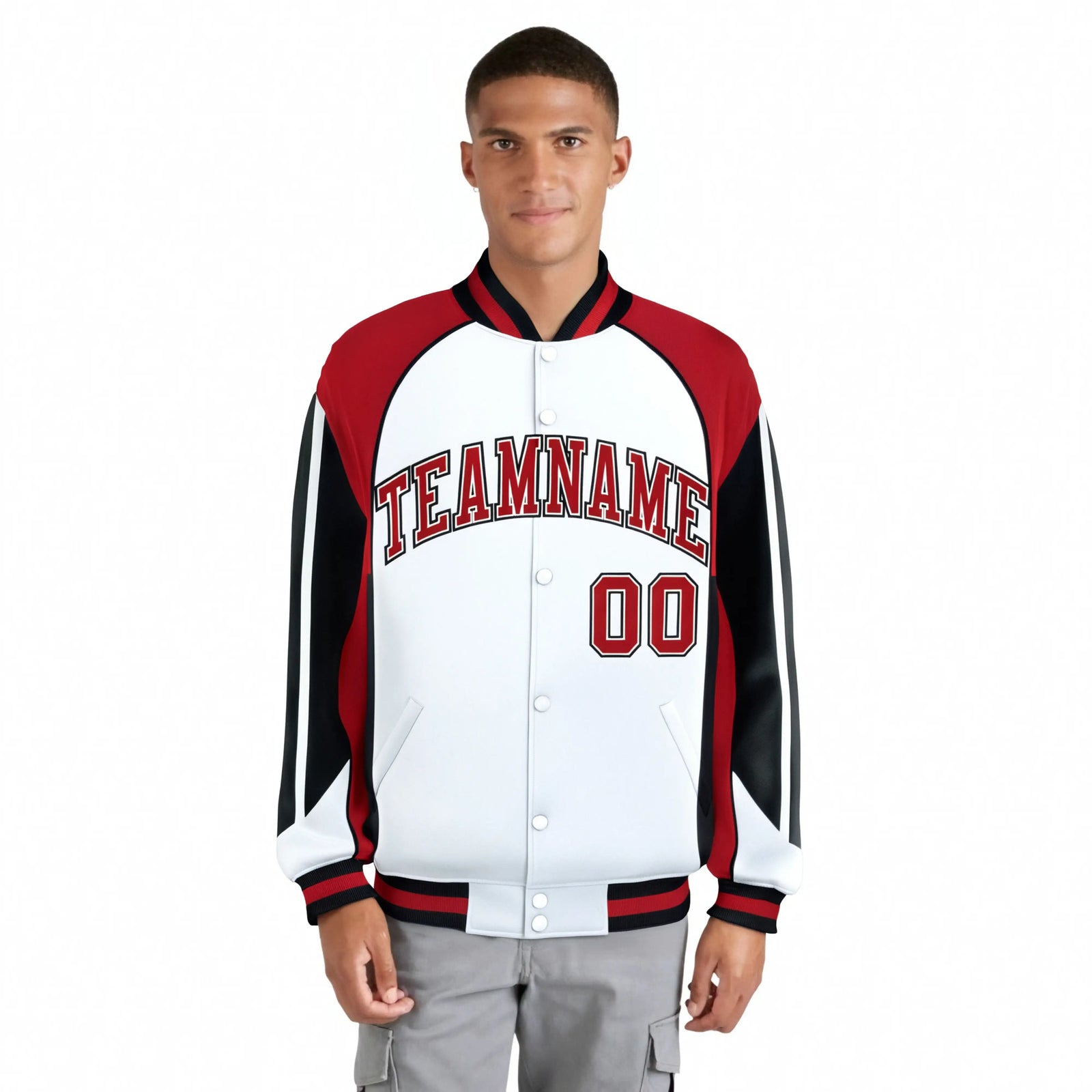 Custom White Red-Black Raglan Sleeves Varsity Letterman Two Tone Jacket