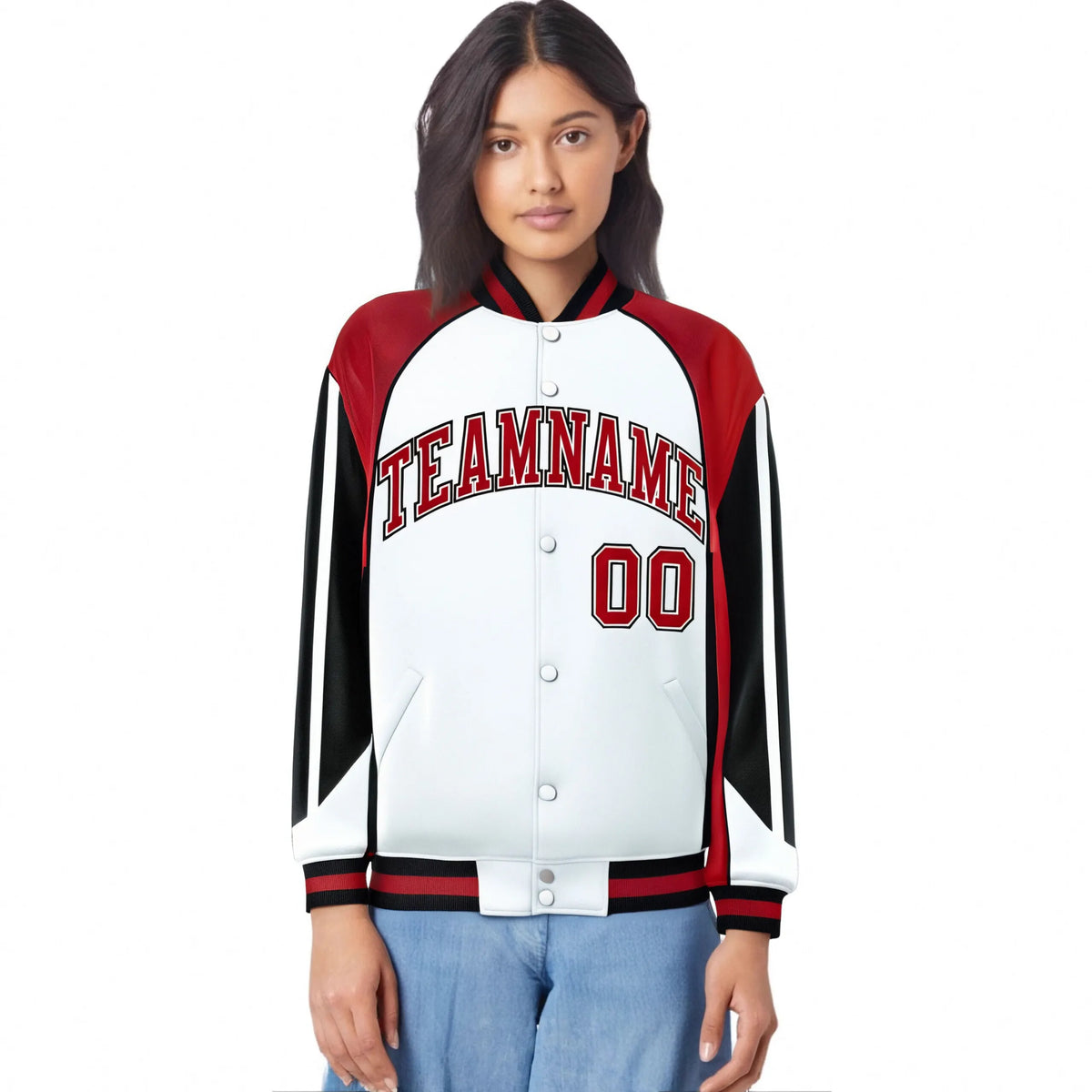 Custom White Red-Black Raglan Sleeves Varsity Letterman Two Tone Jacket