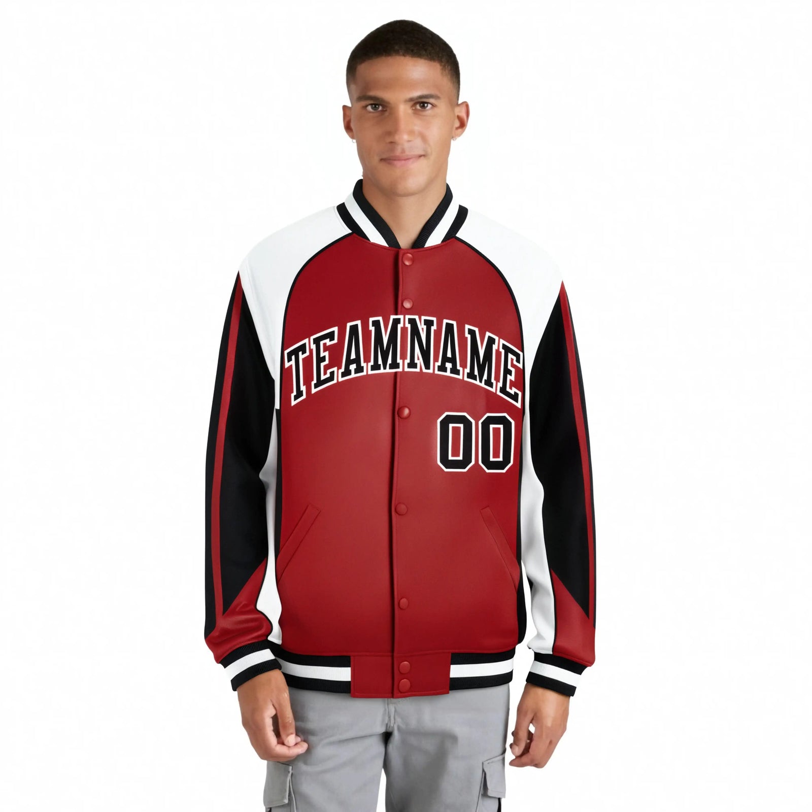 Custom Red Black-White Raglan Sleeves Varsity Letterman Two Tone Jacket
