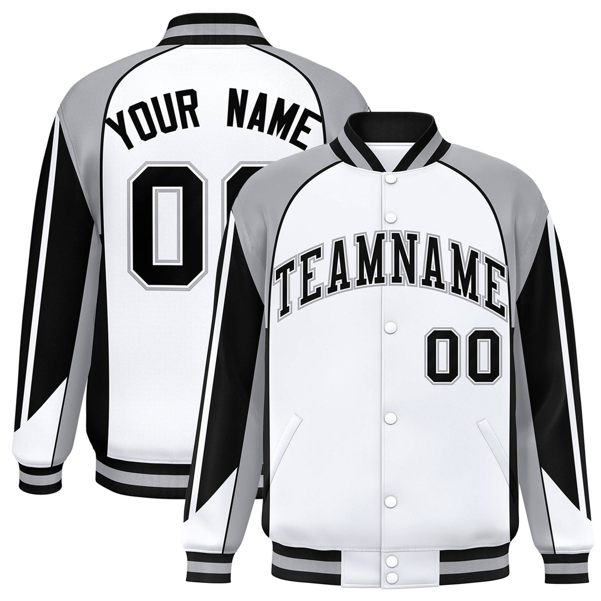 Custom White Gray-Black Raglan Sleeves Varsity Letterman Two Tone Jacket