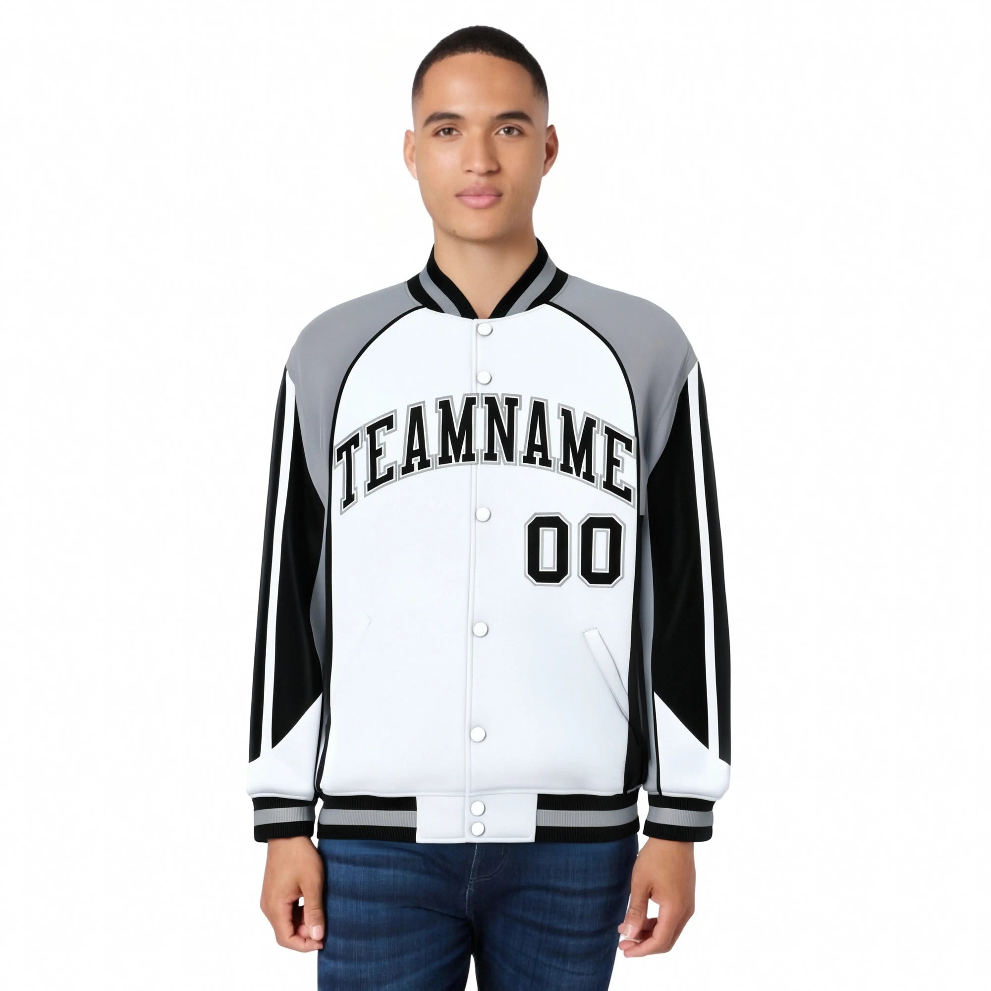 Custom White Gray-Black Raglan Sleeves Varsity Letterman Two Tone Jacket