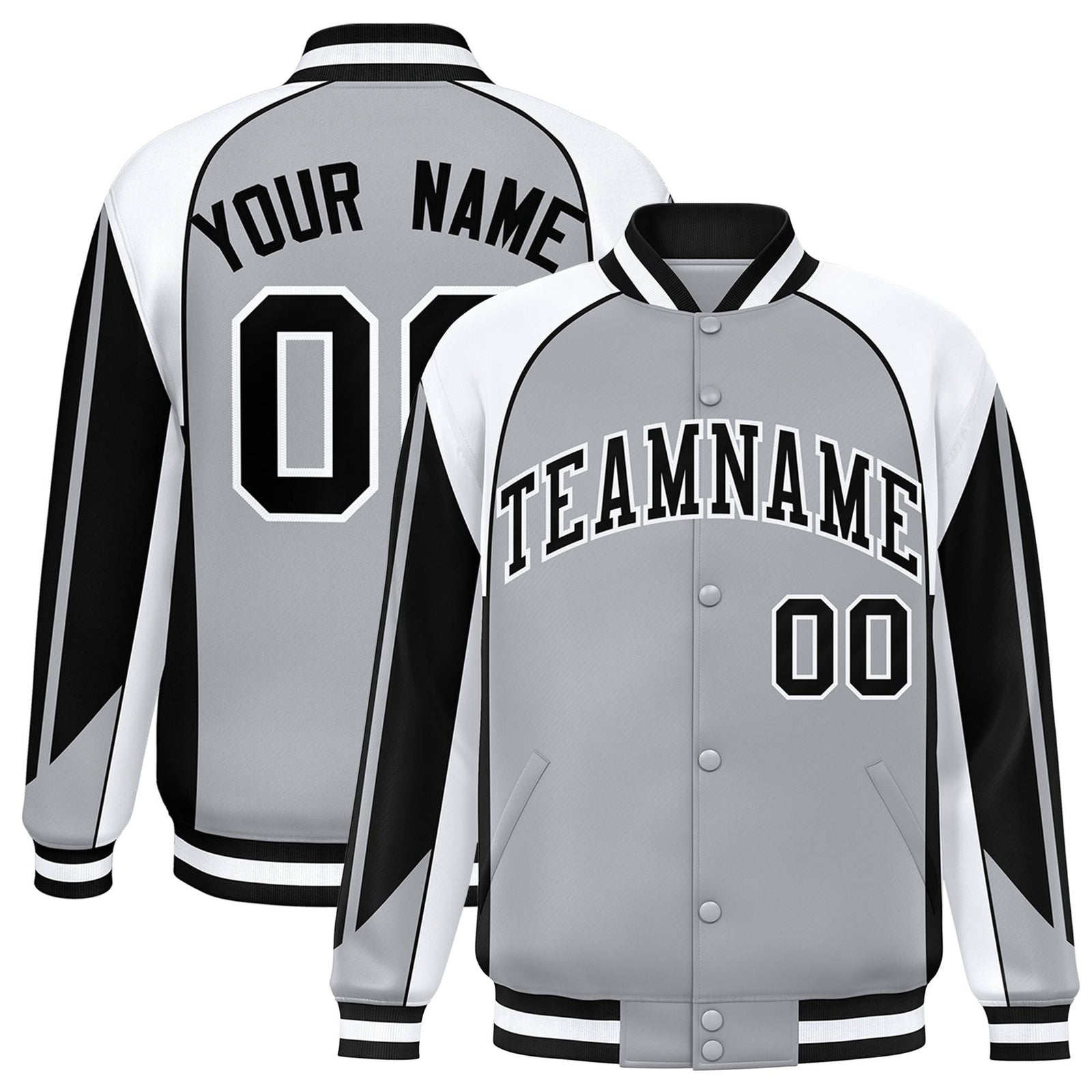 Custom Gray White-Black Raglan Sleeves Varsity Letterman Two Tone Jacket