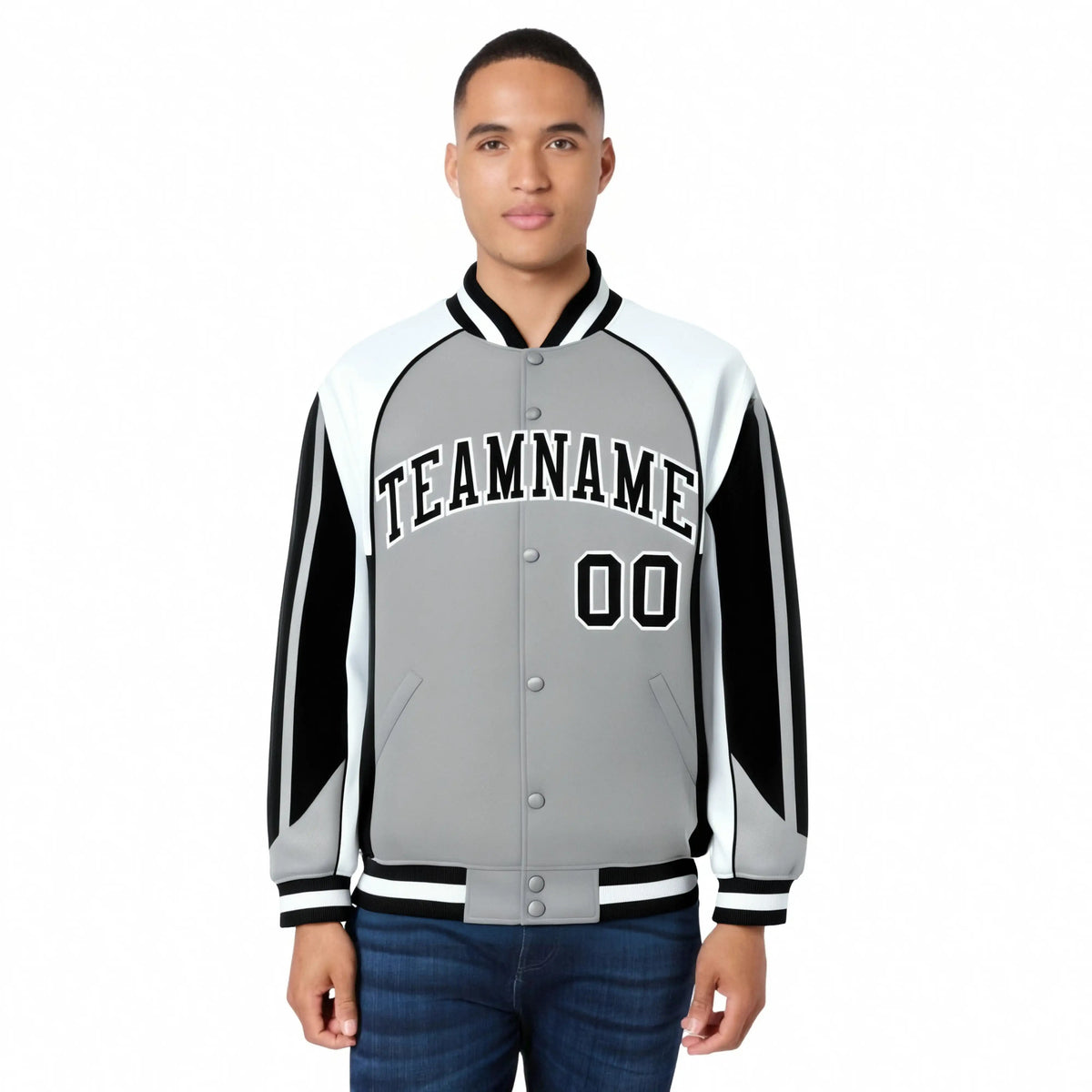 Custom Gray White-Black Raglan Sleeves Varsity Letterman Two Tone Jacket