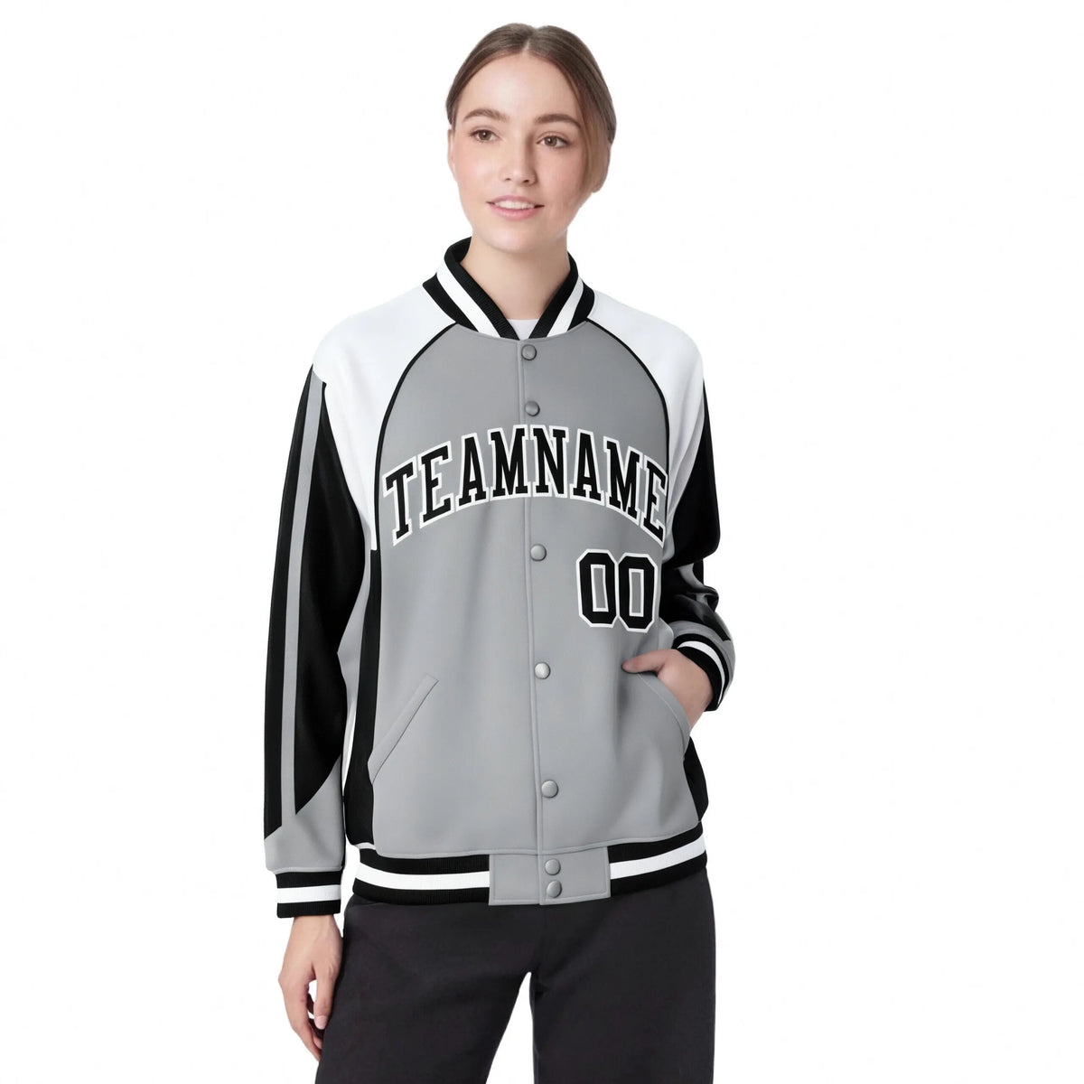 Custom Gray White-Black Raglan Sleeves Varsity Letterman Two Tone Jacket
