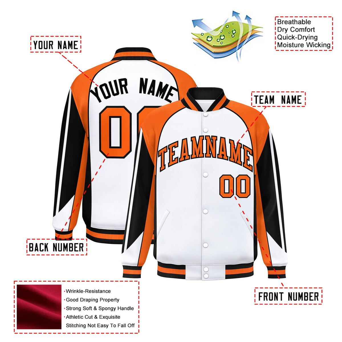 Custom White Orange-Black Raglan Sleeves Varsity Letterman Two Tone Jacket