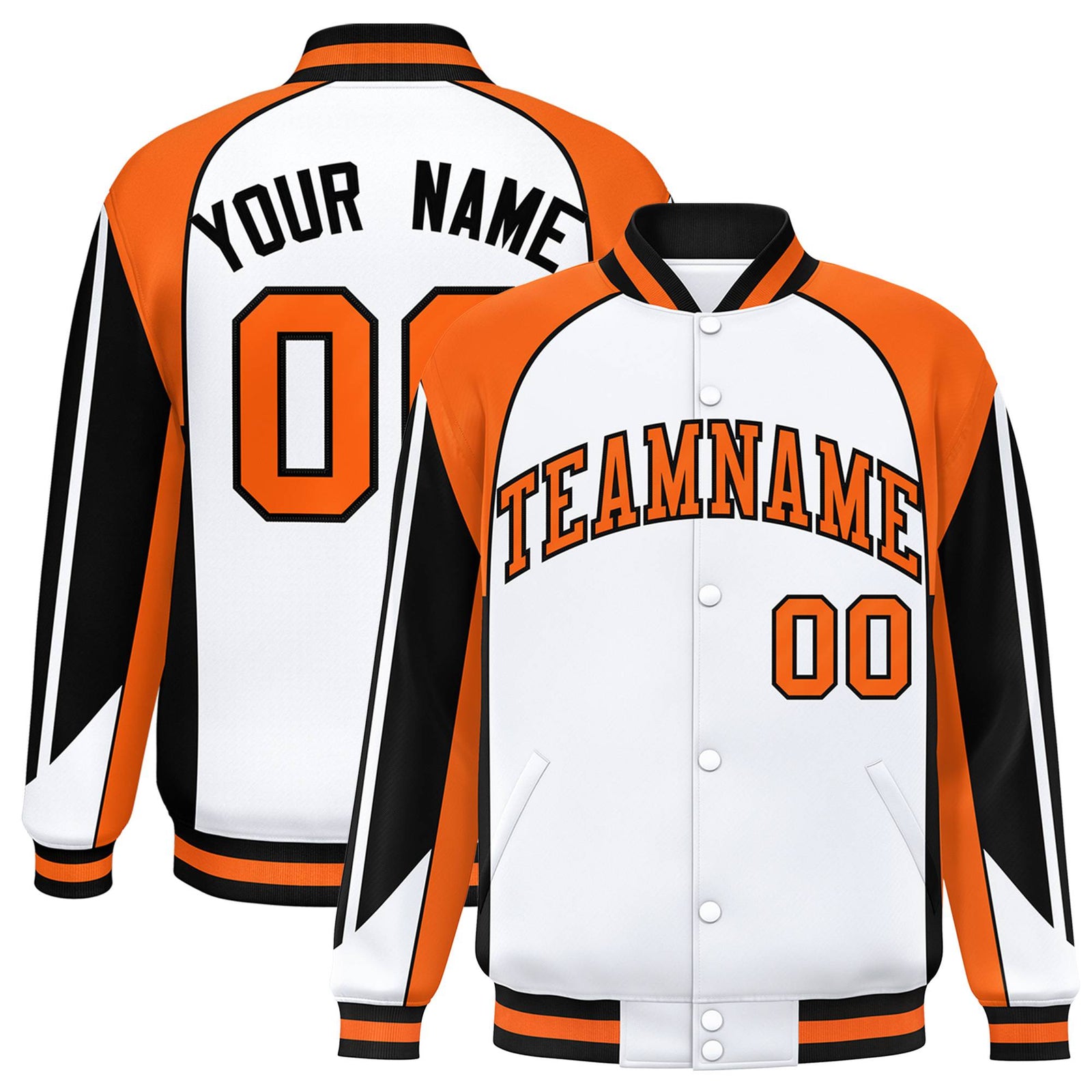 Custom White Orange-Black Raglan Sleeves Varsity Letterman Two Tone Jacket
