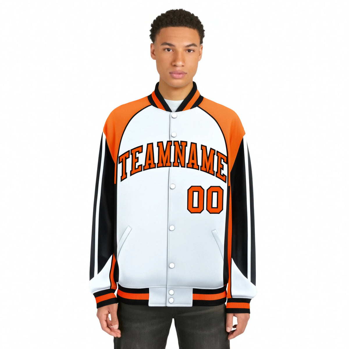 Custom White Orange-Black Raglan Sleeves Varsity Letterman Two Tone Jacket