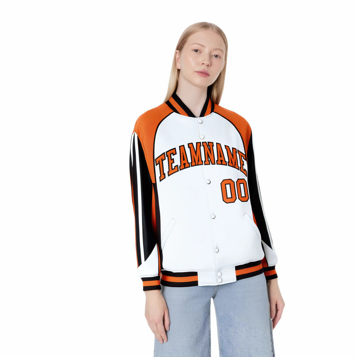 Custom White Orange-Black Raglan Sleeves Varsity Letterman Two Tone Jacket
