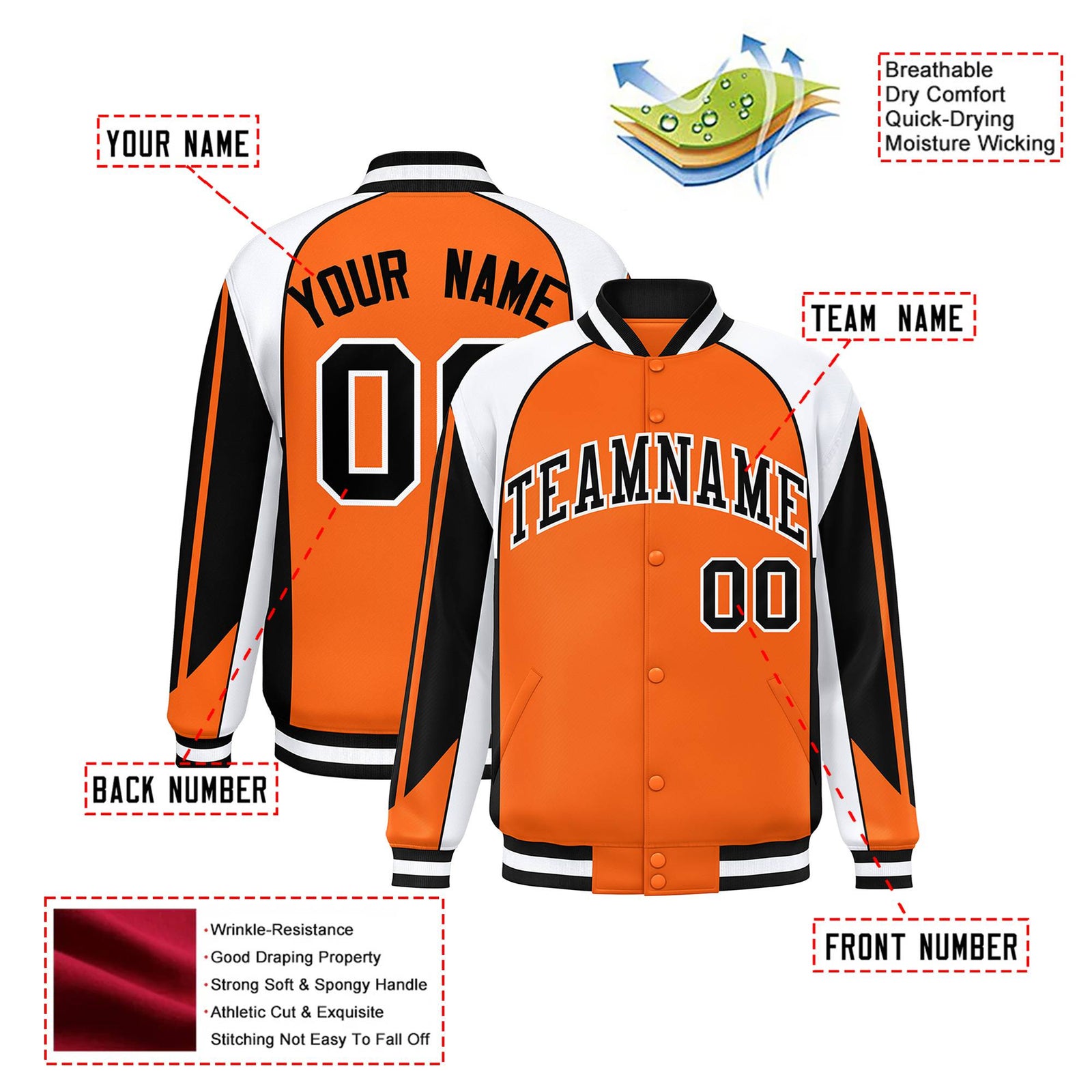 Custom Orange White-Black Raglan Sleeves Varsity Letterman Two Tone Jacket