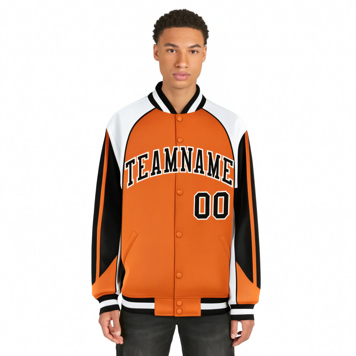 Custom Orange White-Black Raglan Sleeves Varsity Letterman Two Tone Jacket