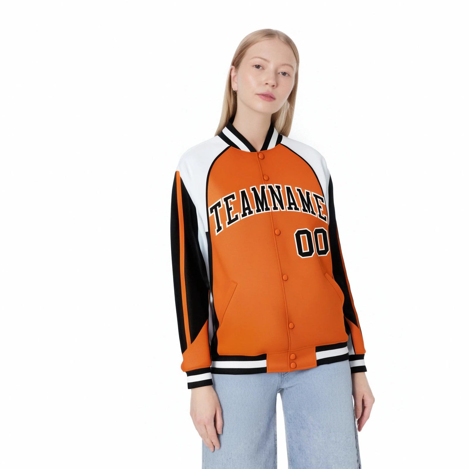 Custom Orange White-Black Raglan Sleeves Varsity Letterman Two Tone Jacket