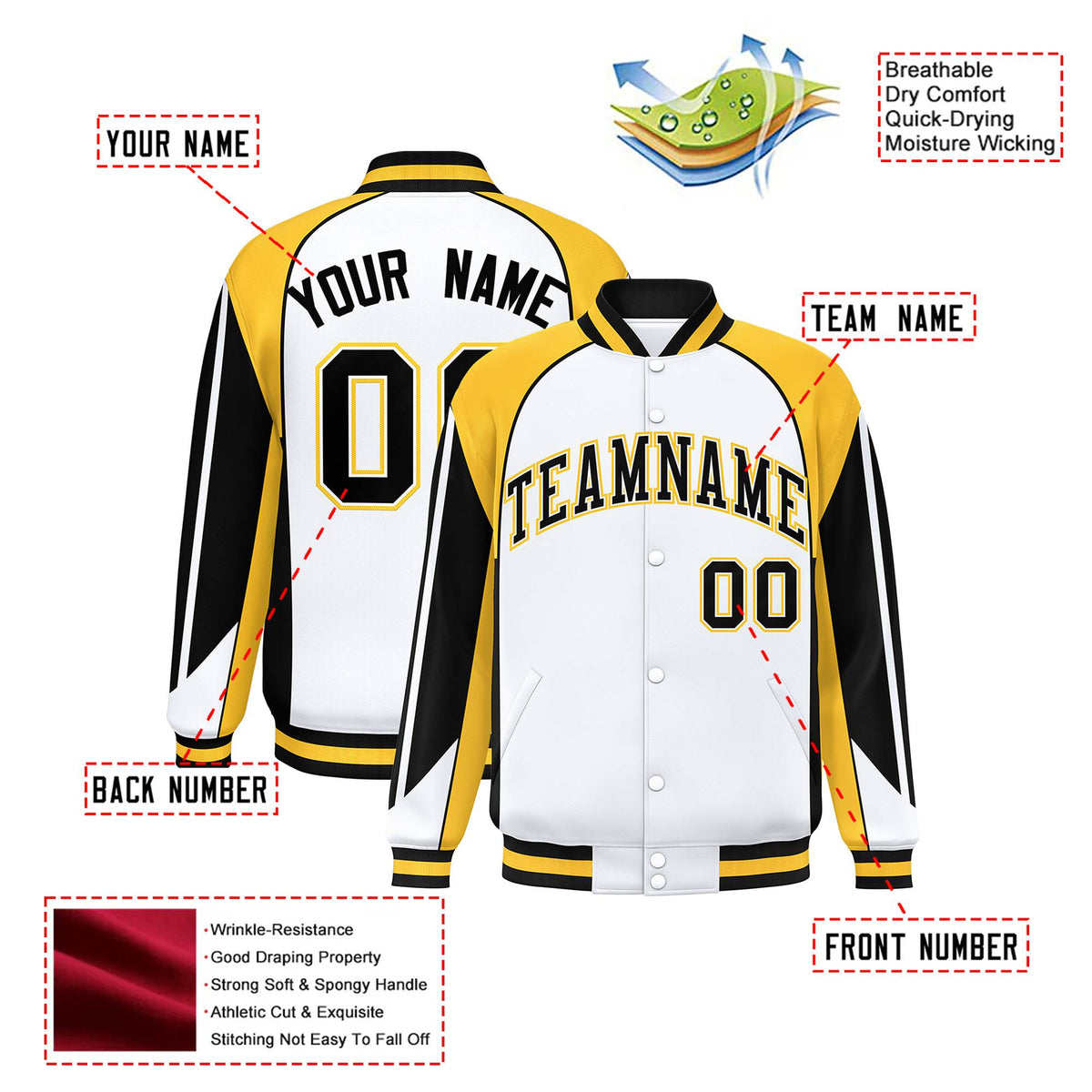 Custom White Yellow-Black Raglan Sleeves Varsity Letterman Two Tone Jacket
