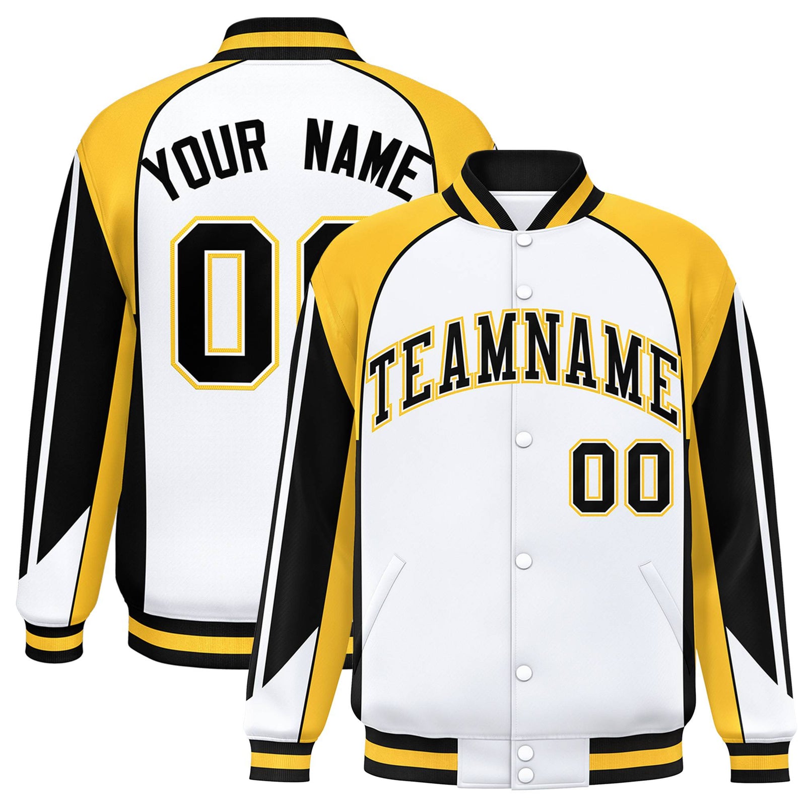 Custom White Yellow-Black Raglan Sleeves Varsity Letterman Two Tone Jacket