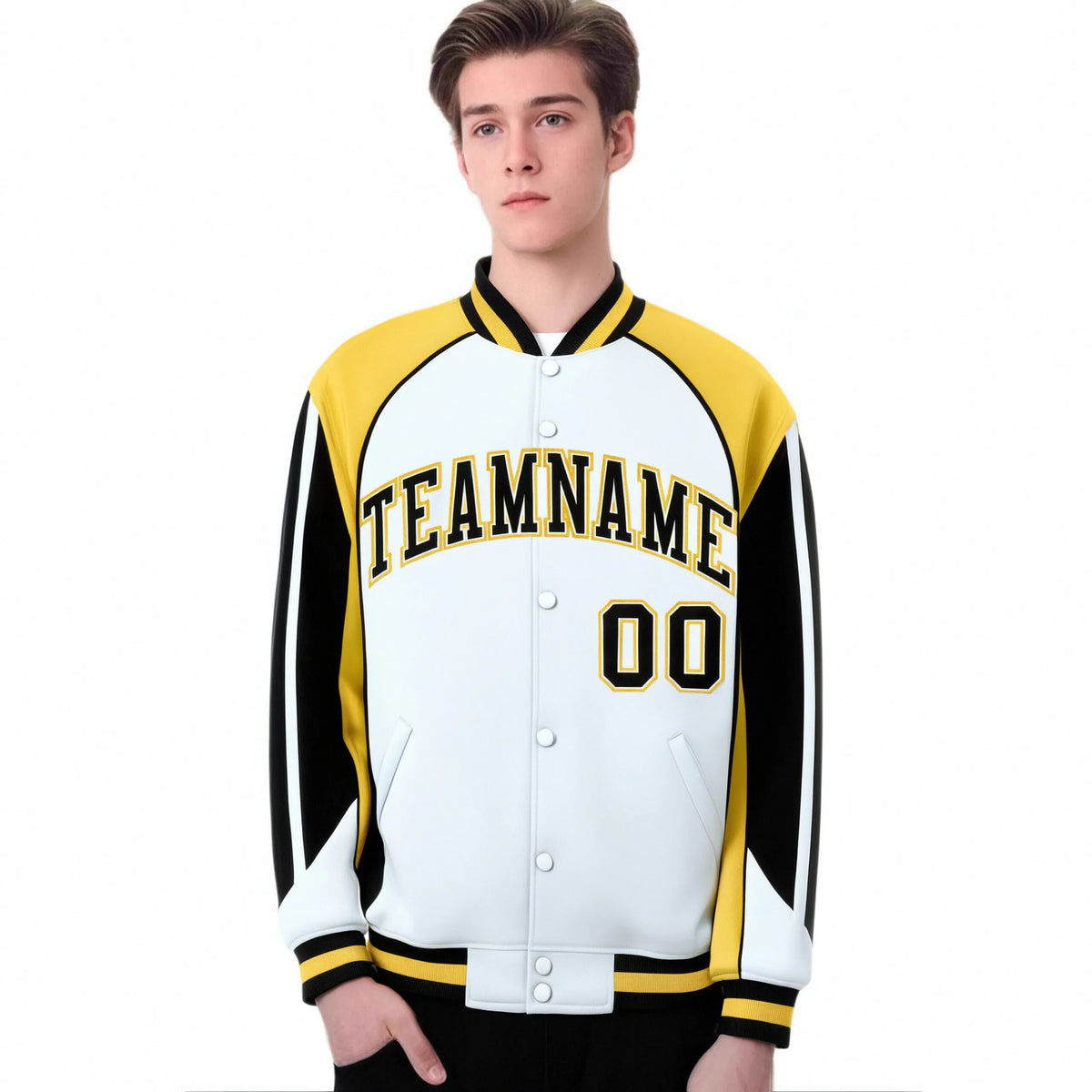 Custom White Yellow-Black Raglan Sleeves Varsity Letterman Two Tone Jacket