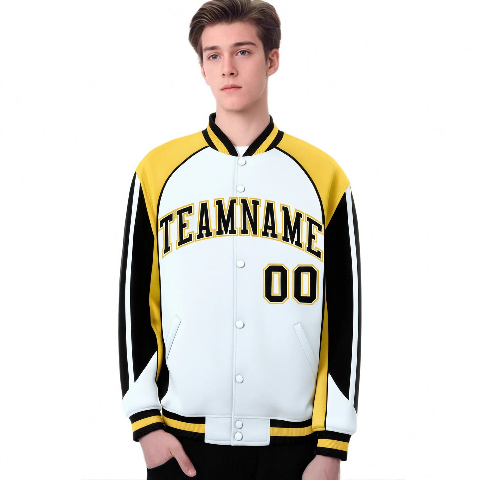 Custom White Yellow-Black Raglan Sleeves Varsity Letterman Two Tone Jacket