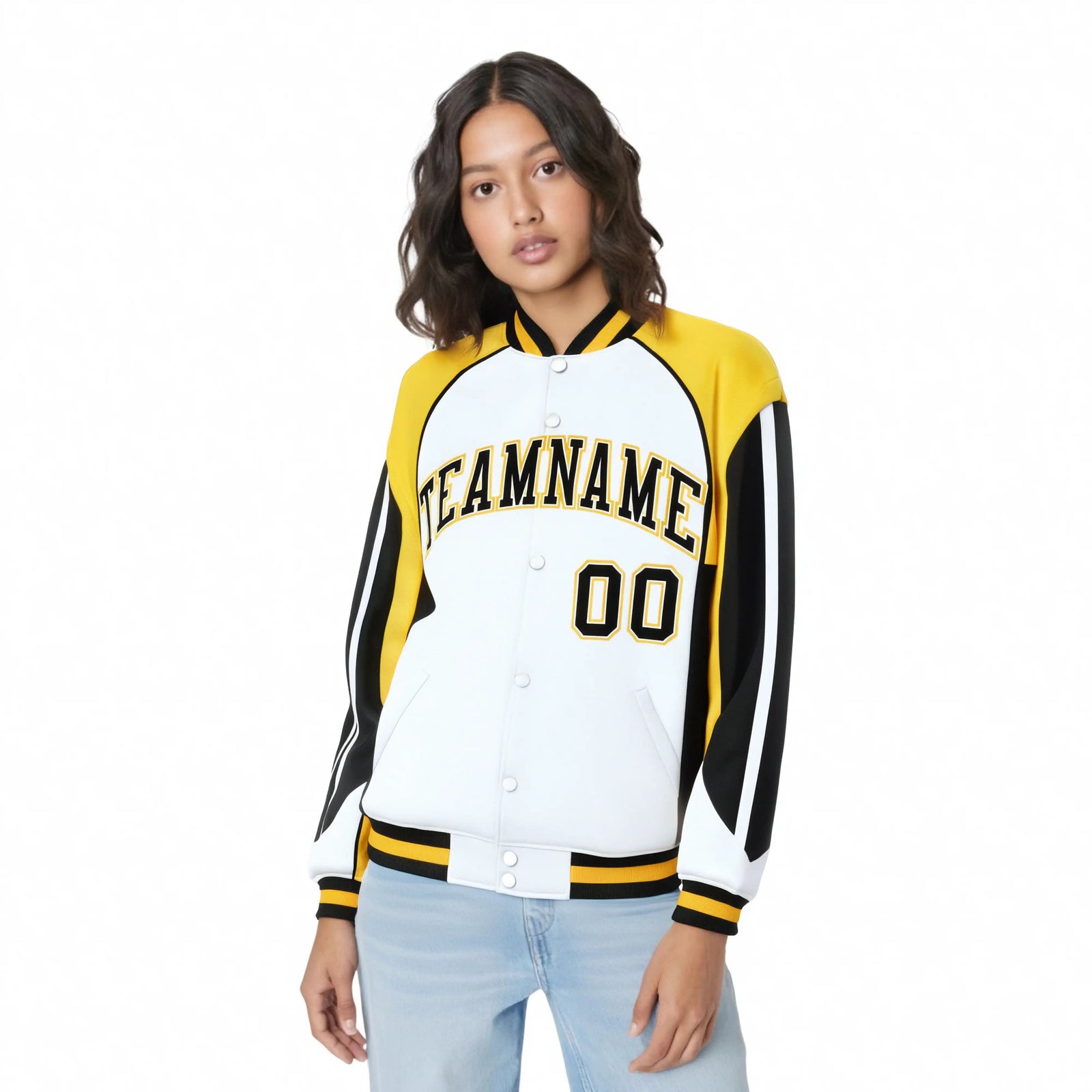 Custom White Yellow-Black Raglan Sleeves Varsity Letterman Two Tone Jacket