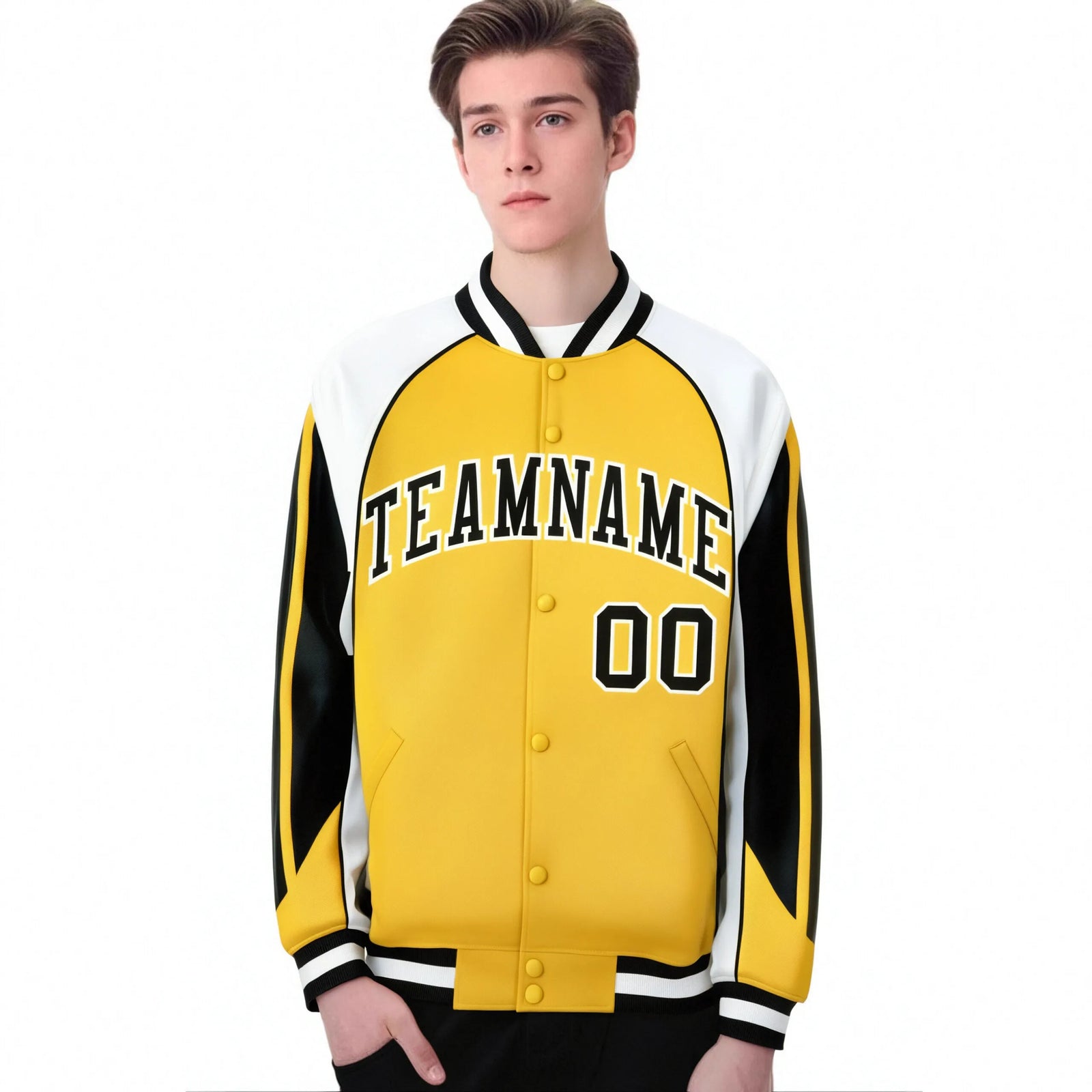 Custom Yellow White-Black Raglan Sleeves Varsity Letterman Two Tone Jacket