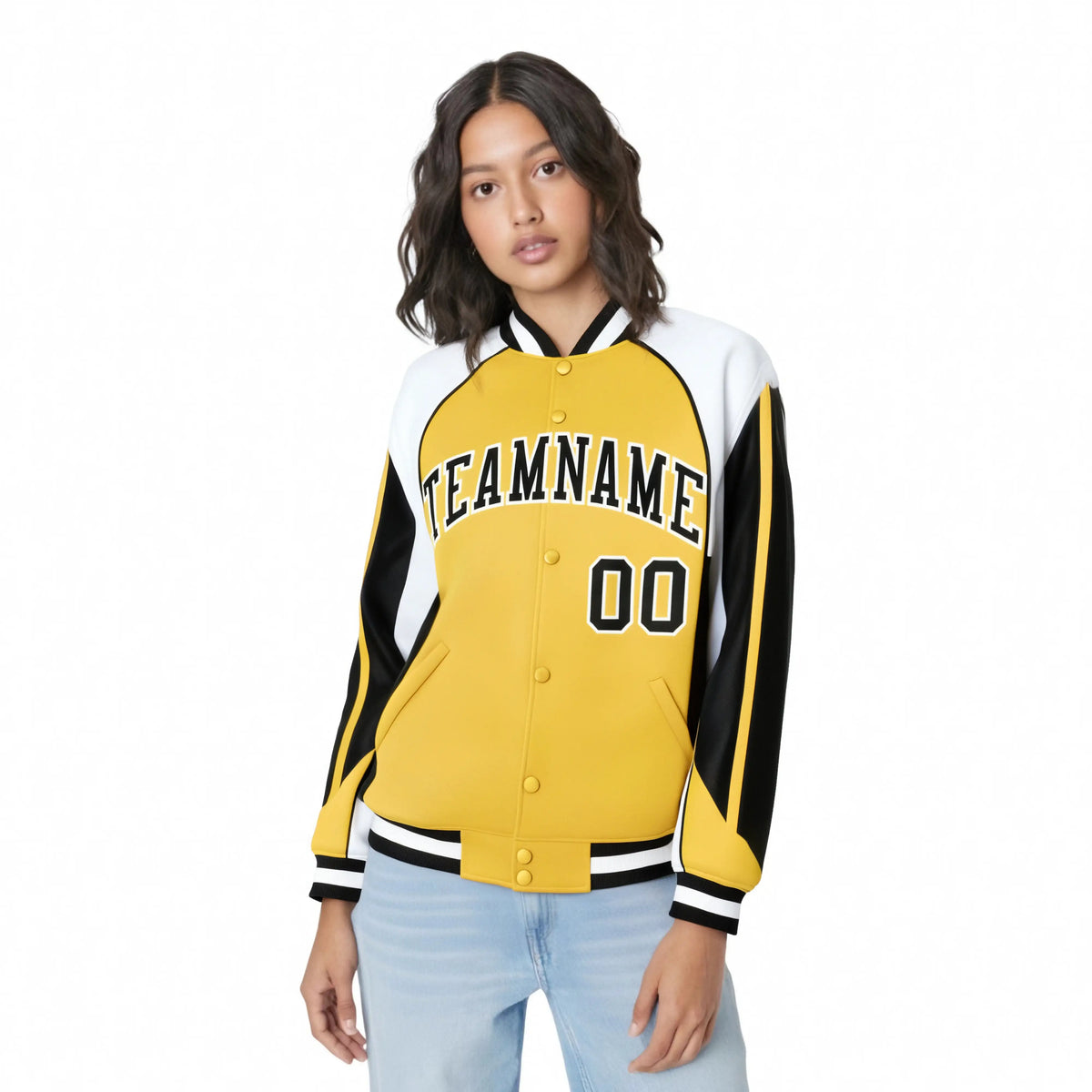 Custom Yellow White-Black Raglan Sleeves Varsity Letterman Two Tone Jacket