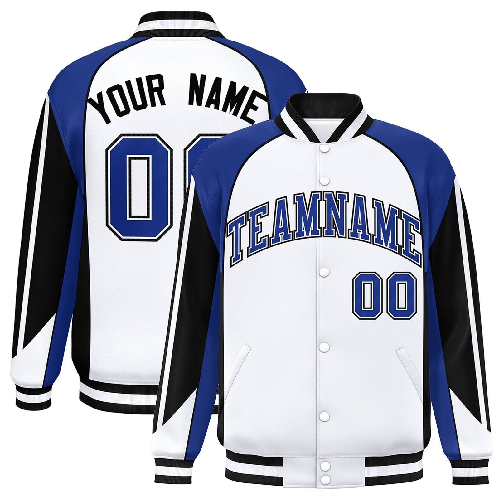 Custom White Blue-Black Raglan Sleeves Varsity Letterman Two Tone Jacket