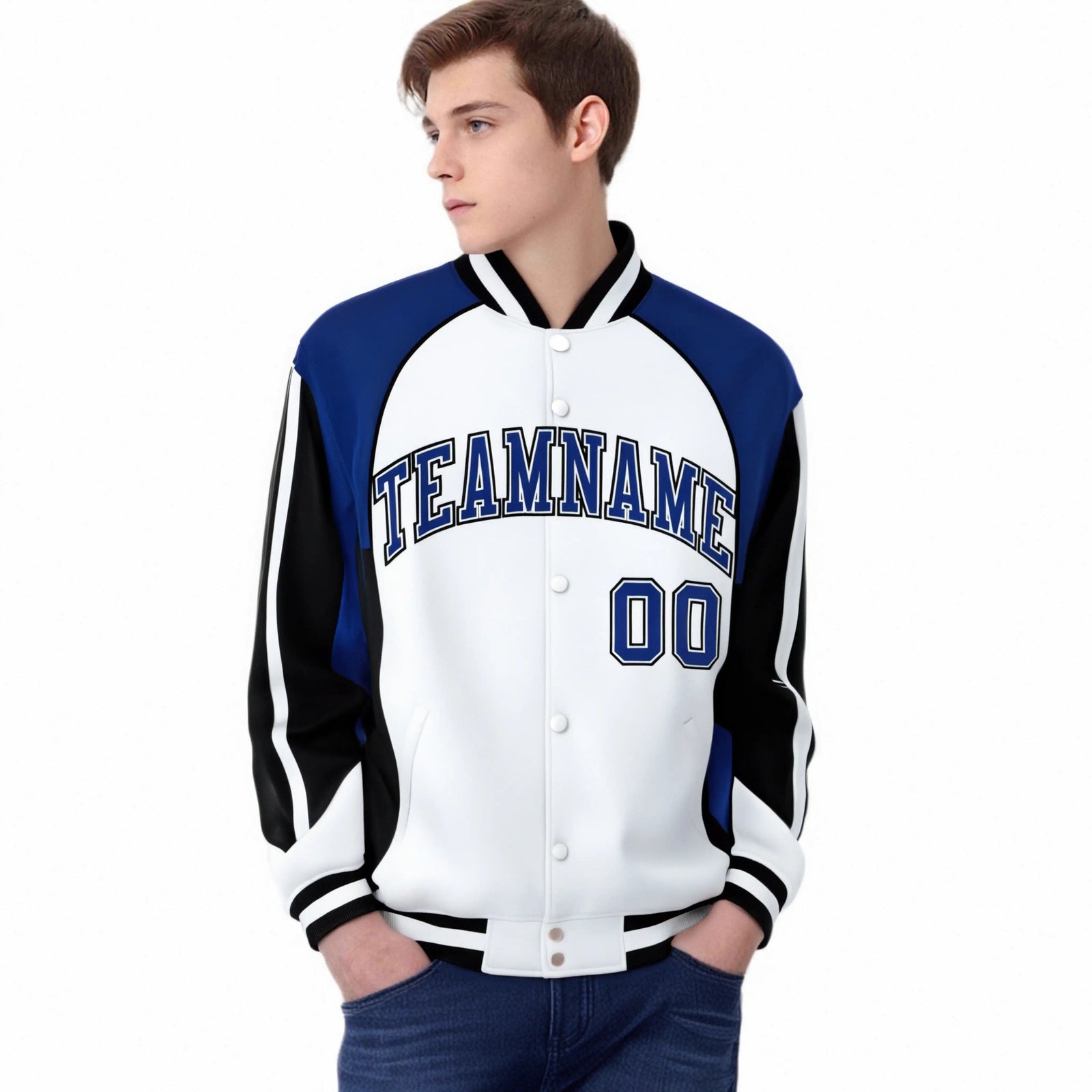 Custom White Blue-Black Raglan Sleeves Varsity Letterman Two Tone Jacket