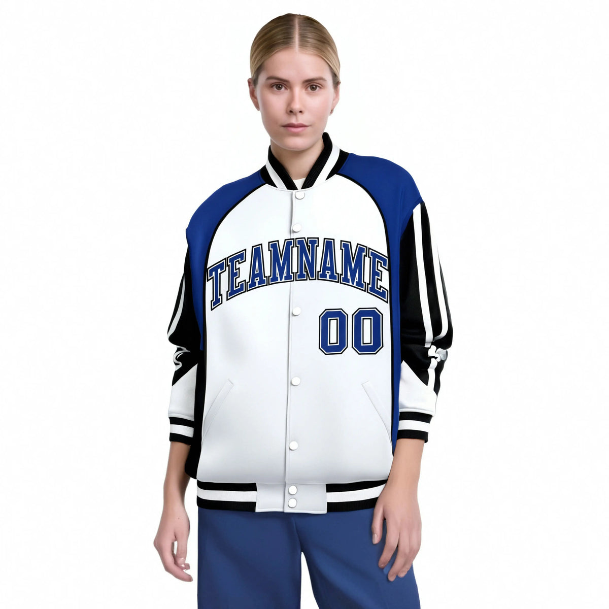 Custom White Blue-Black Raglan Sleeves Varsity Letterman Two Tone Jacket