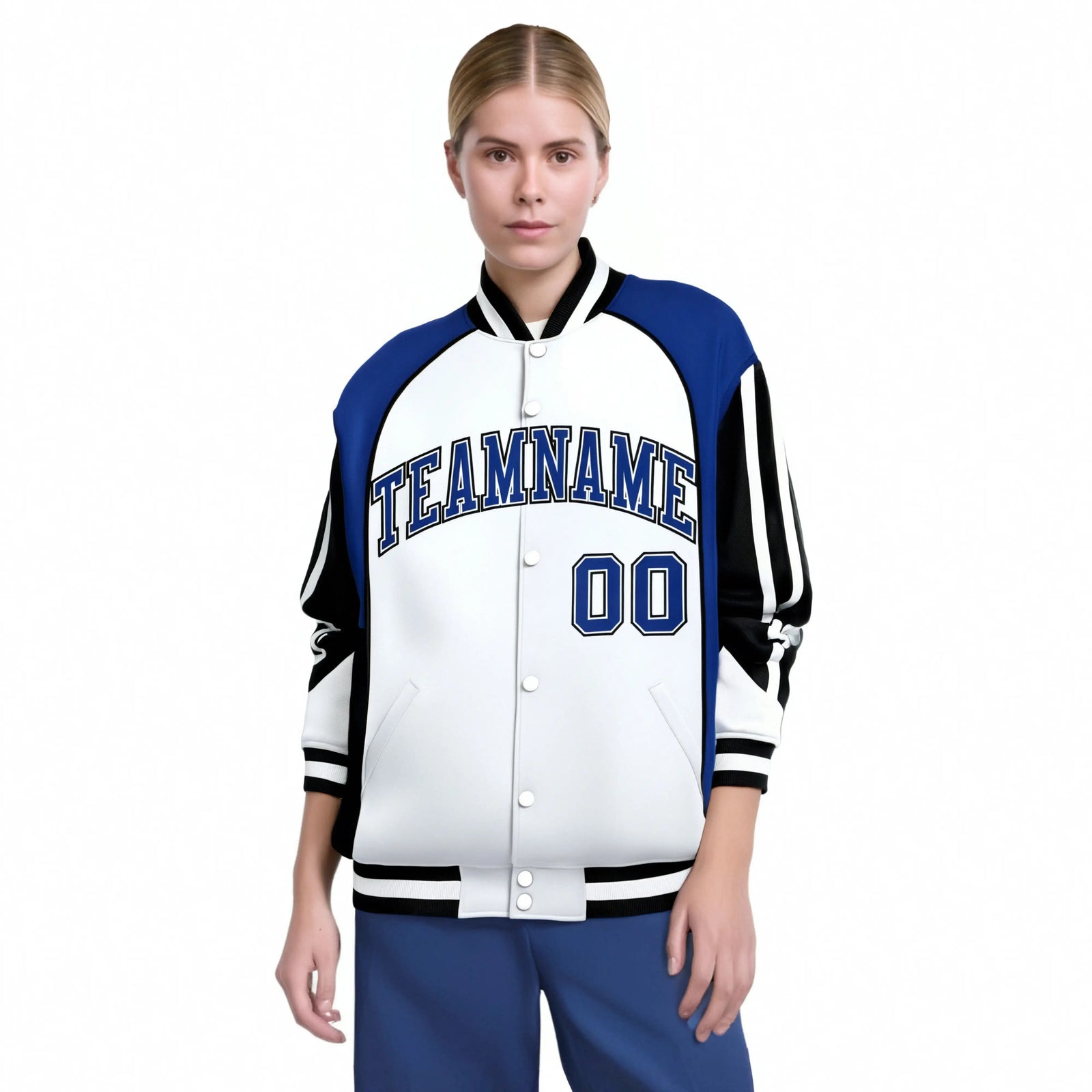 Custom White Blue-Black Raglan Sleeves Varsity Letterman Two Tone Jacket