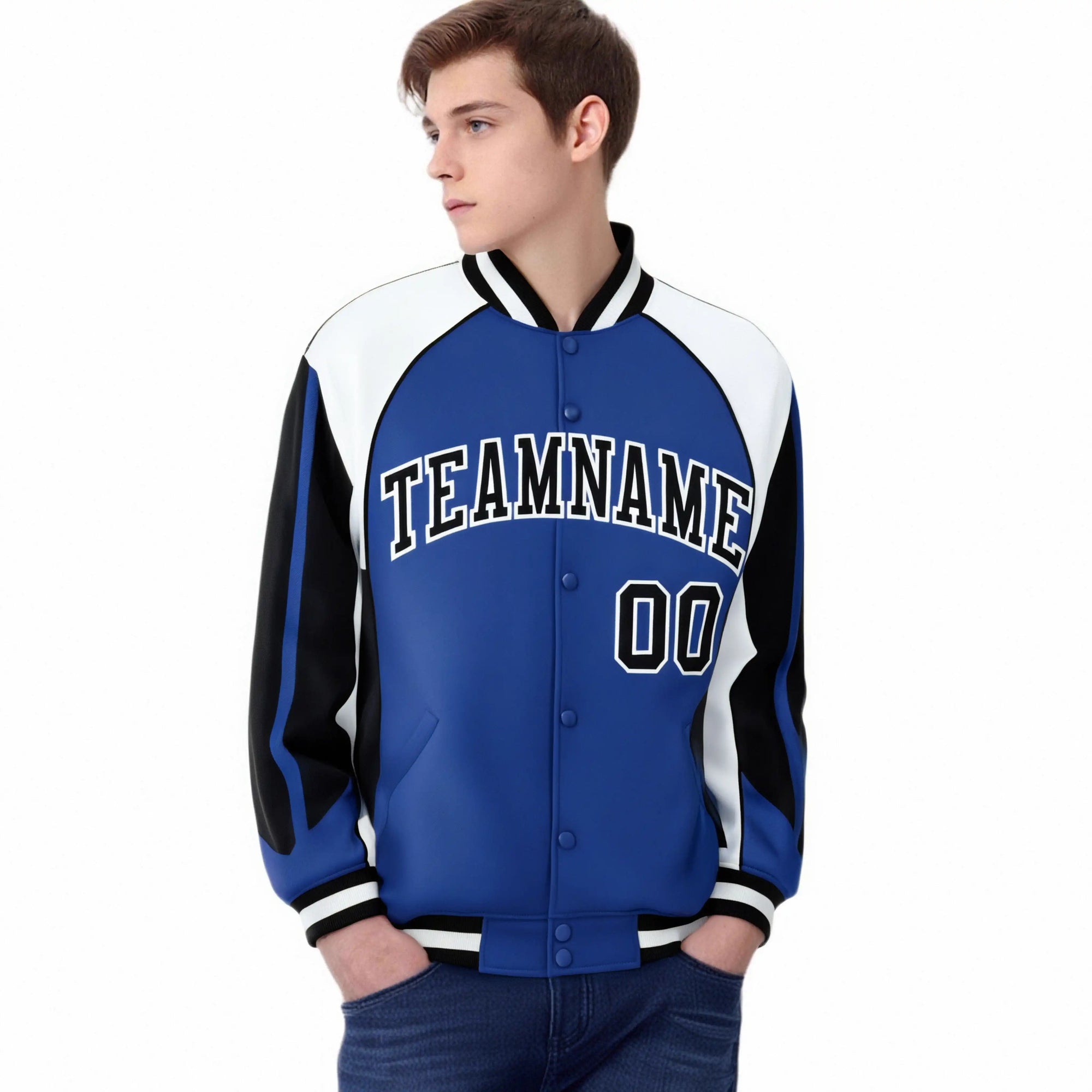 Custom Blue White-Black Raglan Sleeves Varsity Letterman Two Tone Jacket