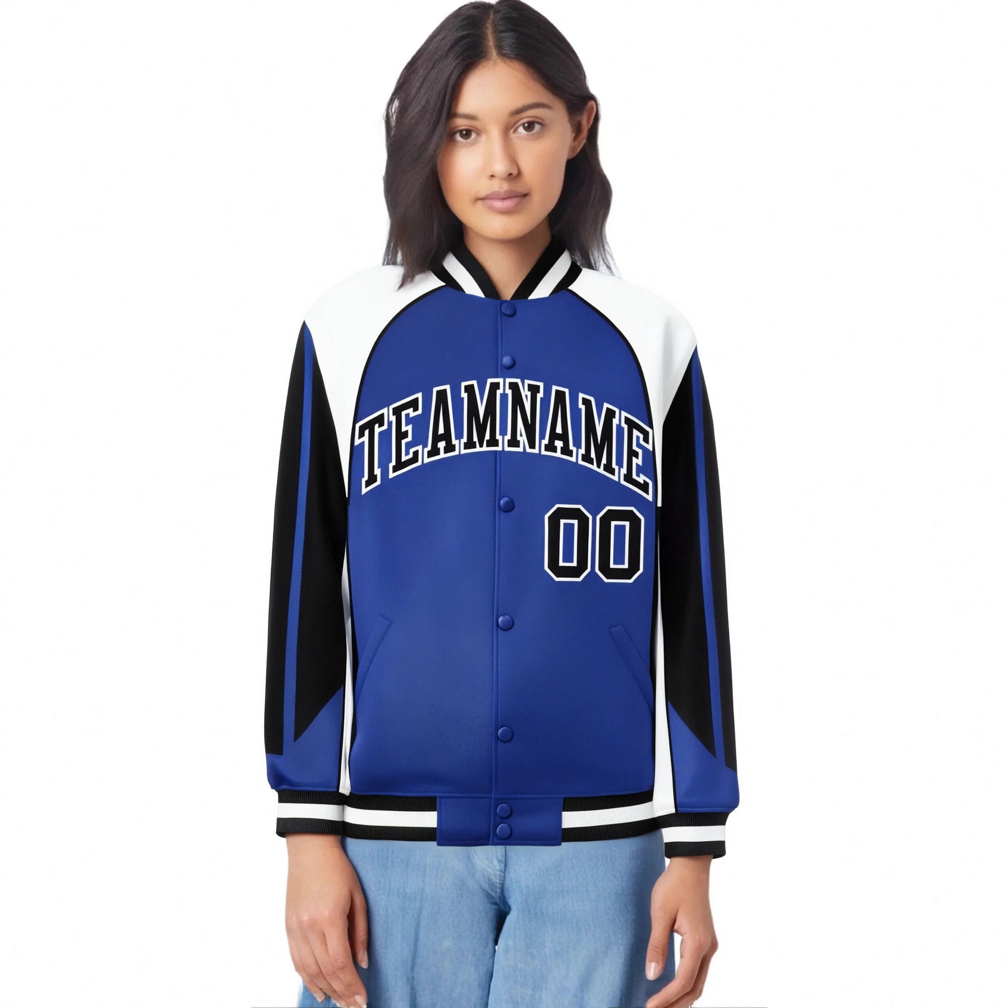 Custom Blue White-Black Raglan Sleeves Varsity Letterman Two Tone Jacket