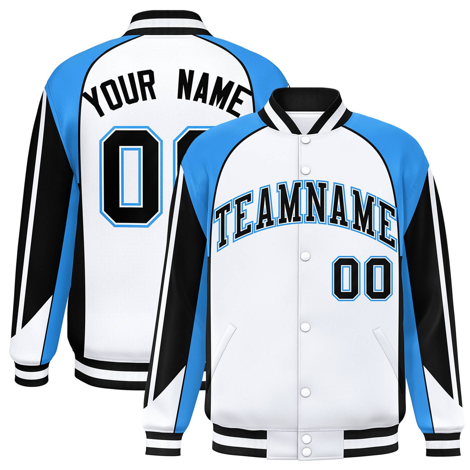 Custom White Blue-Black Raglan Sleeves Varsity Letterman Two Tone Jacket