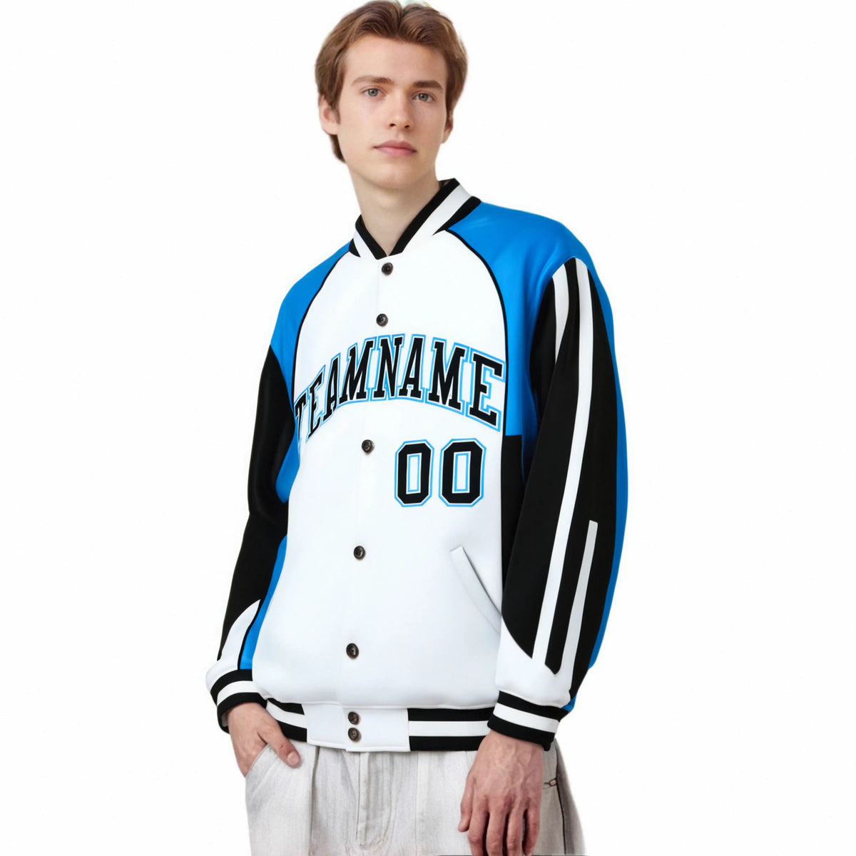 Custom White Blue-Black Raglan Sleeves Varsity Letterman Two Tone Jacket