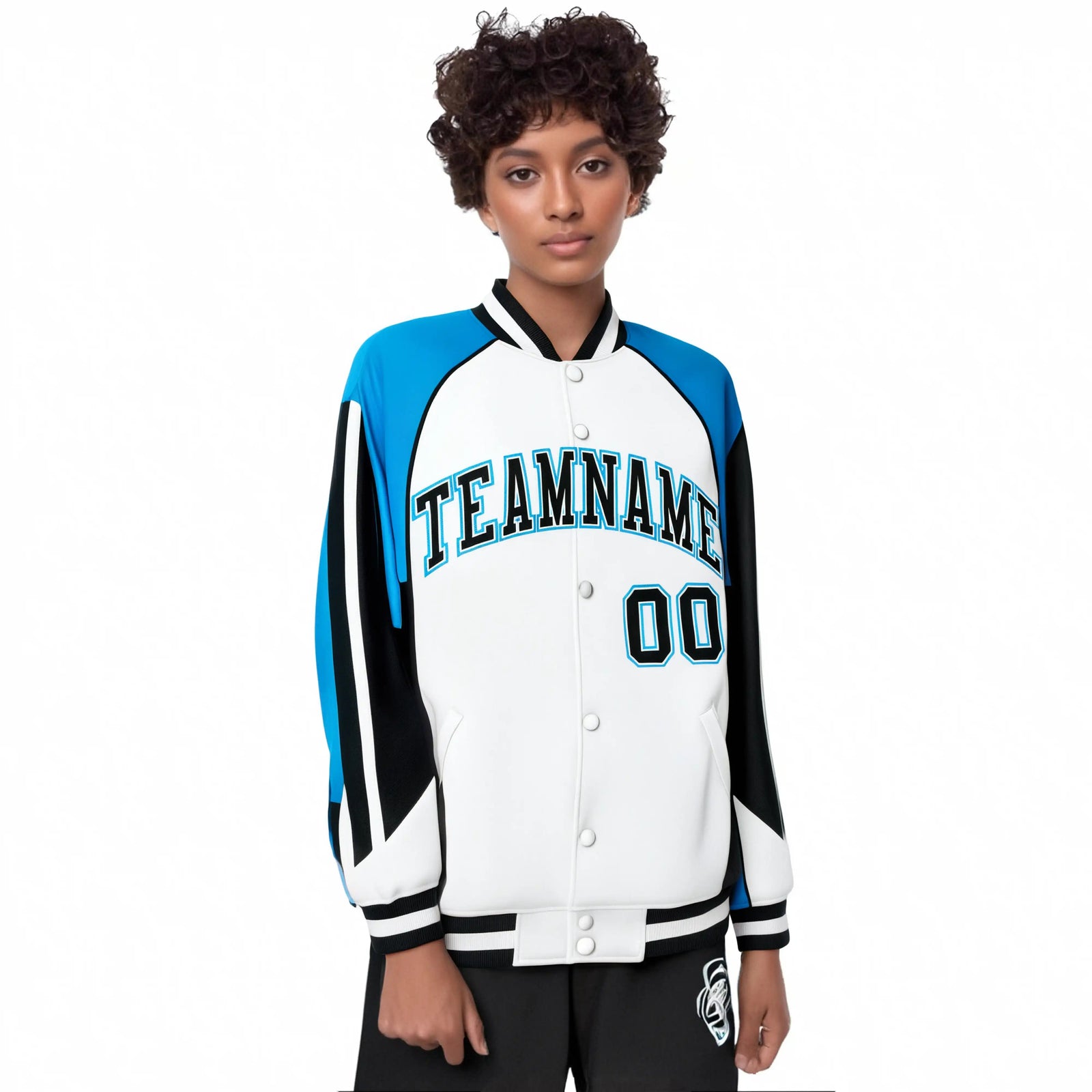 Custom White Blue-Black Raglan Sleeves Varsity Letterman Two Tone Jacket