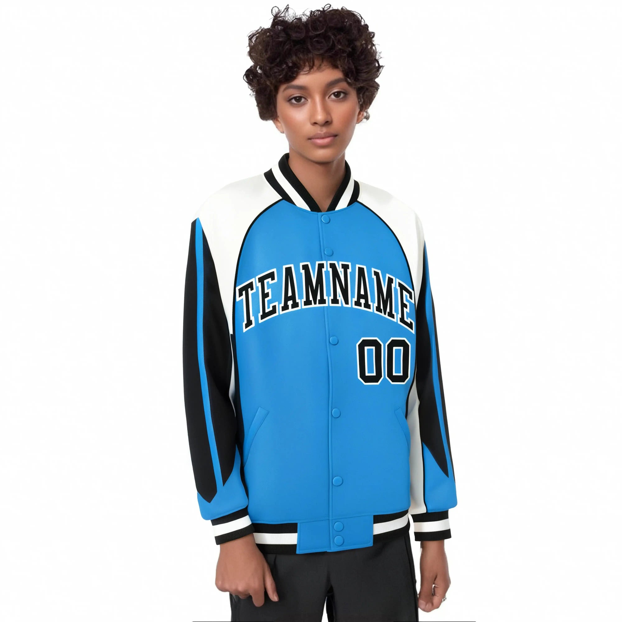 Custom Sky-Blue White-Black Raglan Sleeves Varsity Letterman Two Tone Jacket