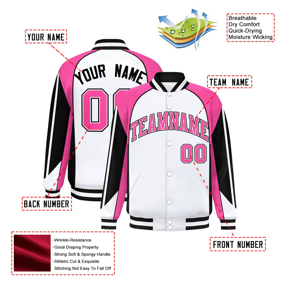 Custom White Pink-Black Raglan Sleeves Varsity Letterman Two Tone Jacket