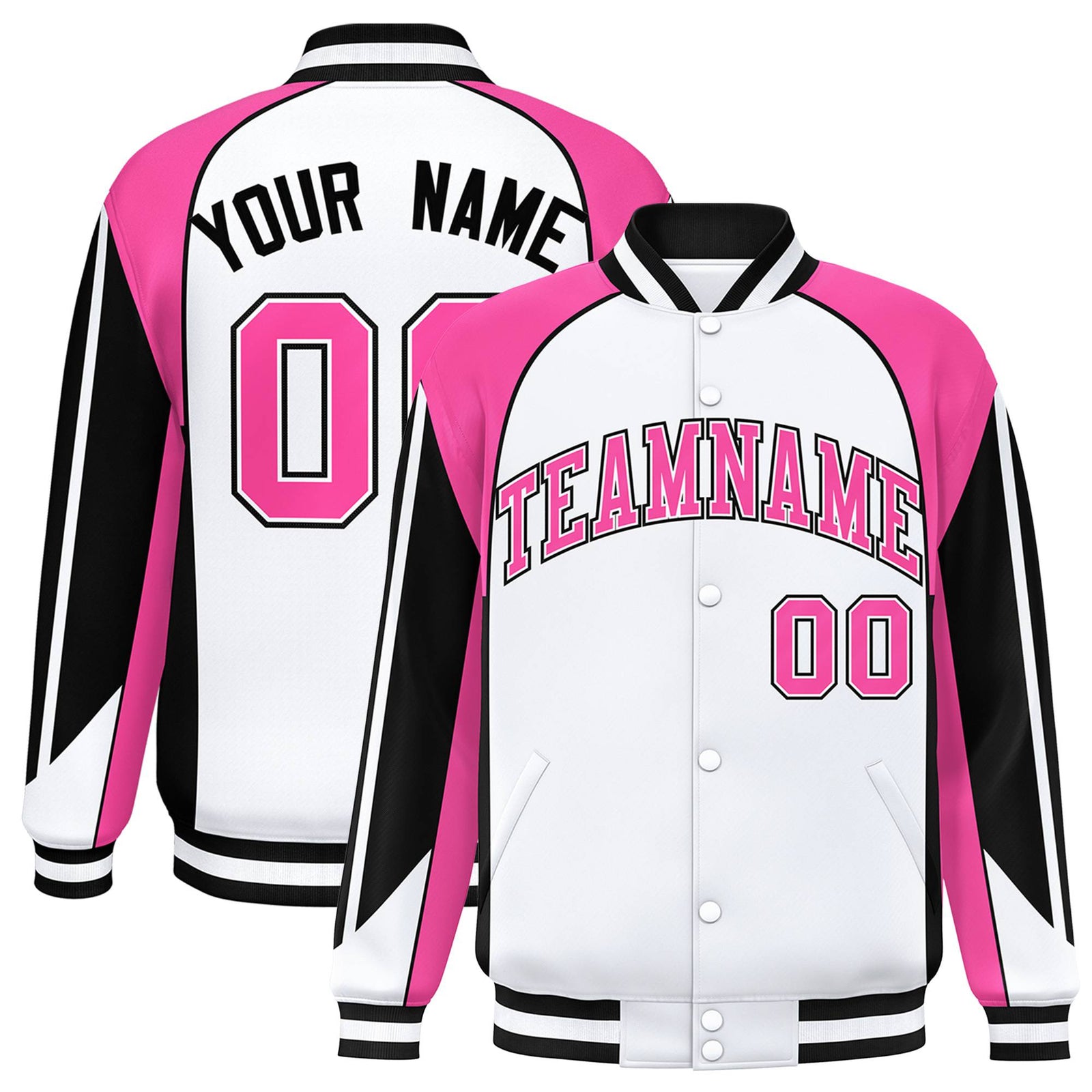 Custom White Pink-Black Raglan Sleeves Varsity Letterman Two Tone Jacket