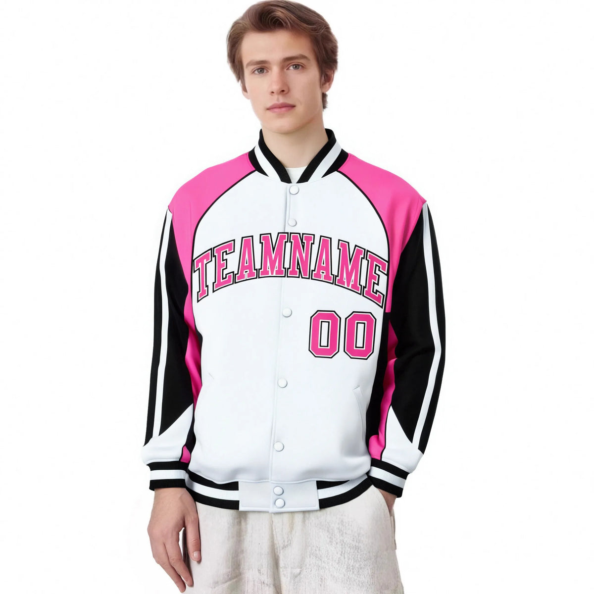 Custom White Pink-Black Raglan Sleeves Varsity Letterman Two Tone Jacket