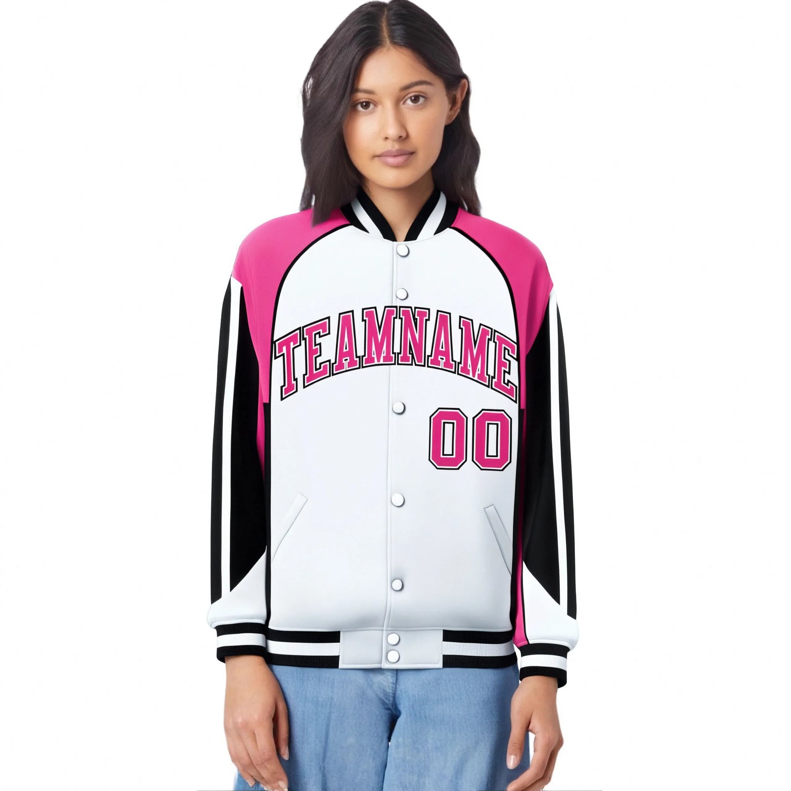 Custom White Pink-Black Raglan Sleeves Varsity Letterman Two Tone Jacket