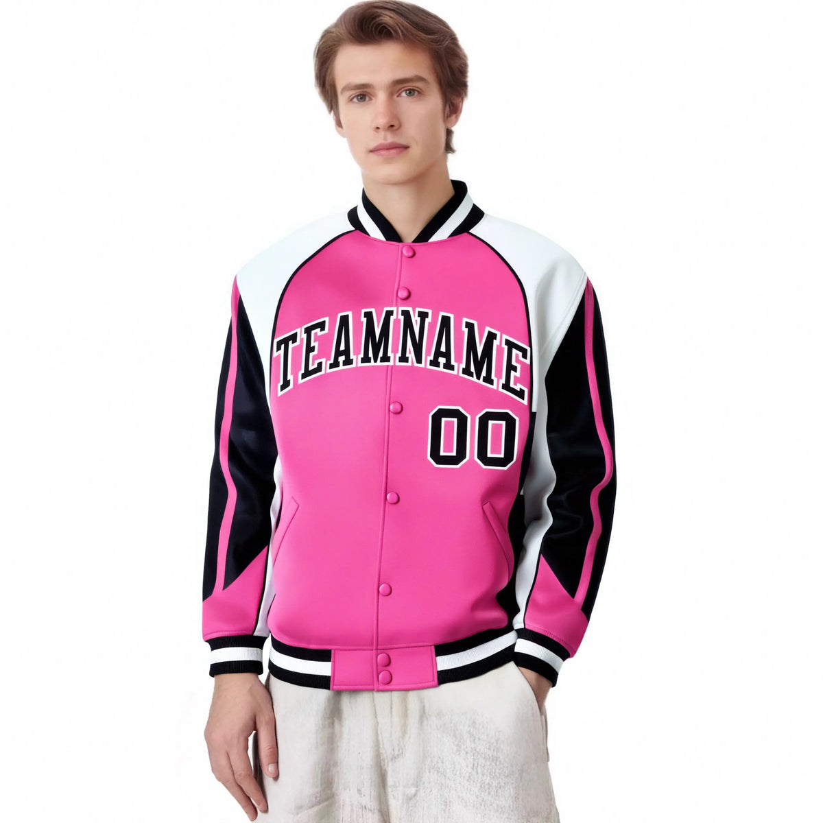 Custom Pink White-Black Raglan Sleeves Varsity Letterman Two Tone Jacket