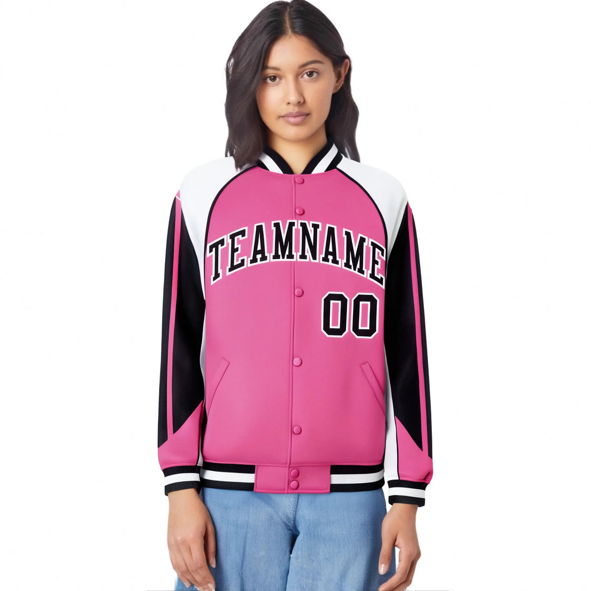 Custom Pink White-Black Raglan Sleeves Varsity Letterman Two Tone Jacket