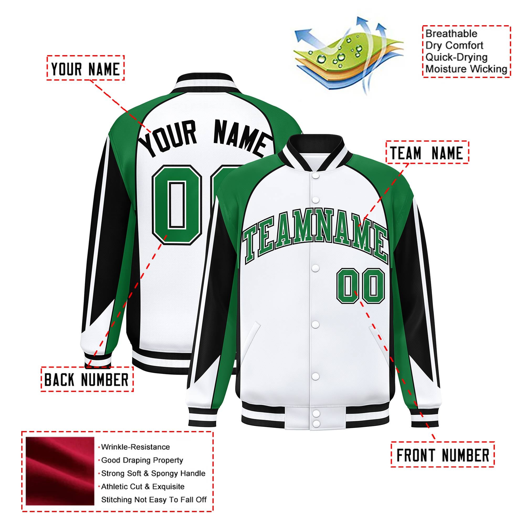 Custom White Green-Black Raglan Sleeves Varsity Letterman Two Tone Jacket